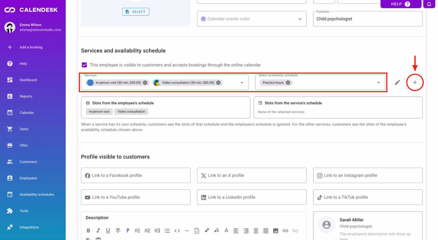 The Services and availability schedule section with services, a schedule and the + button.