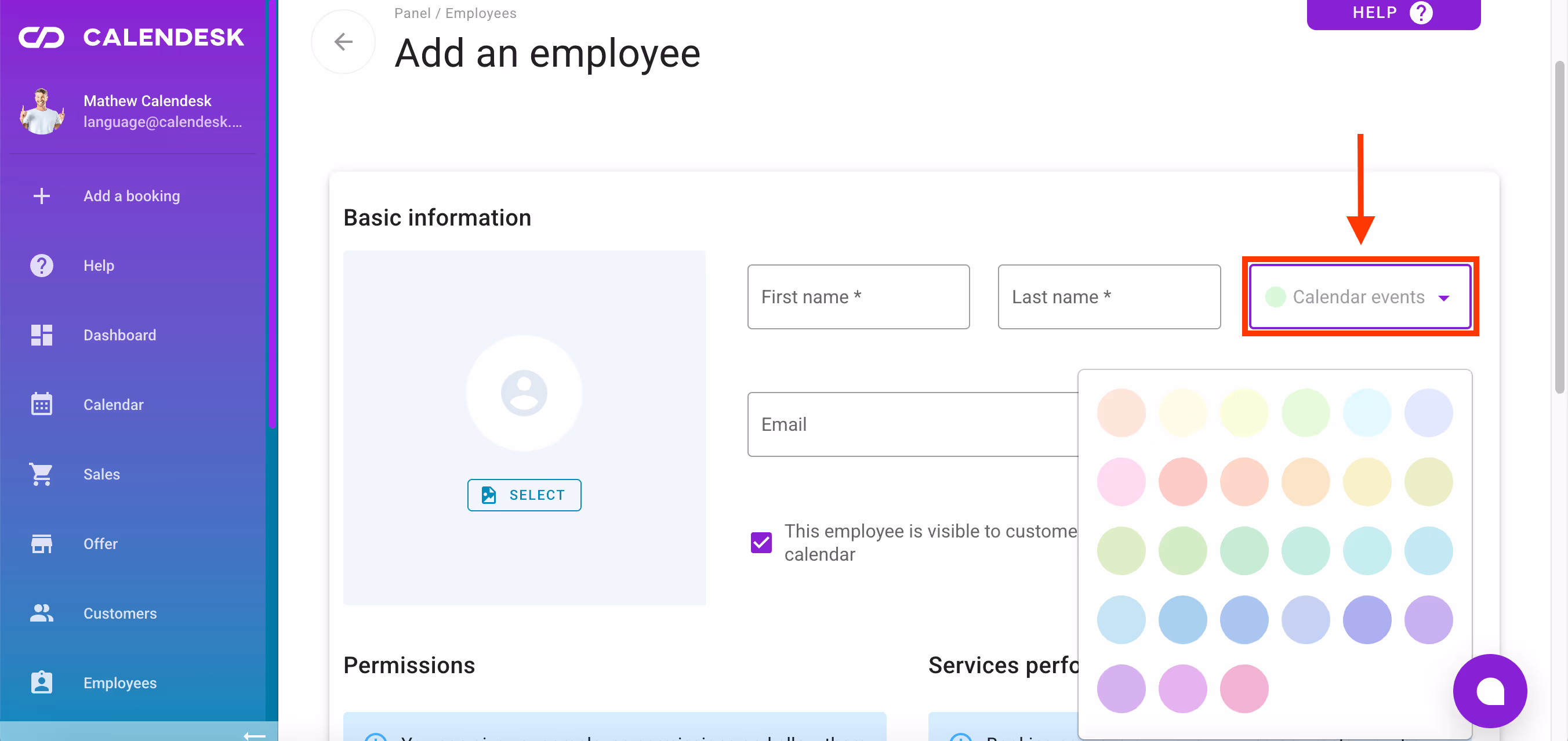 Colours in the Calendar tab.