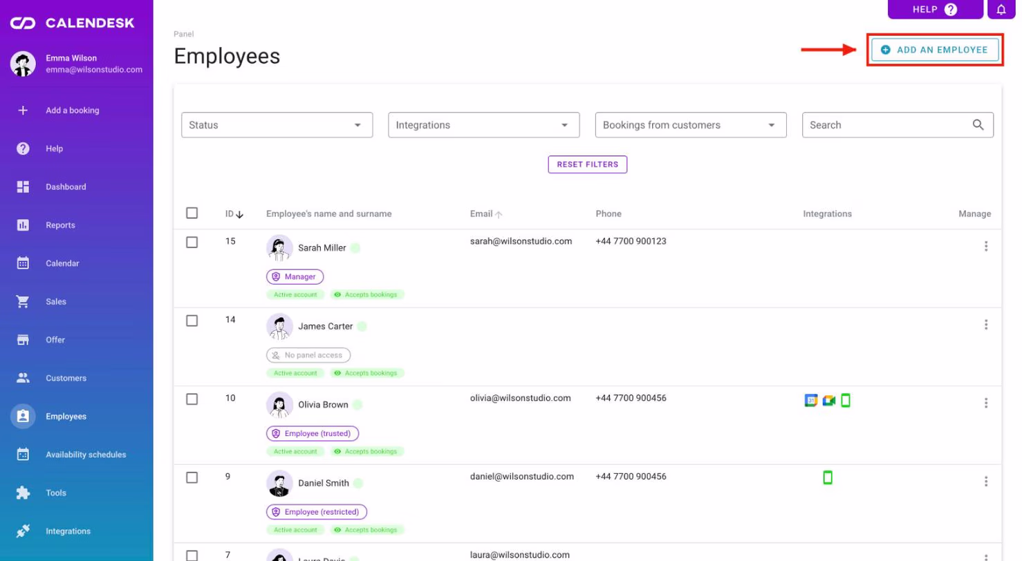 The employee list with the Add an employee button.