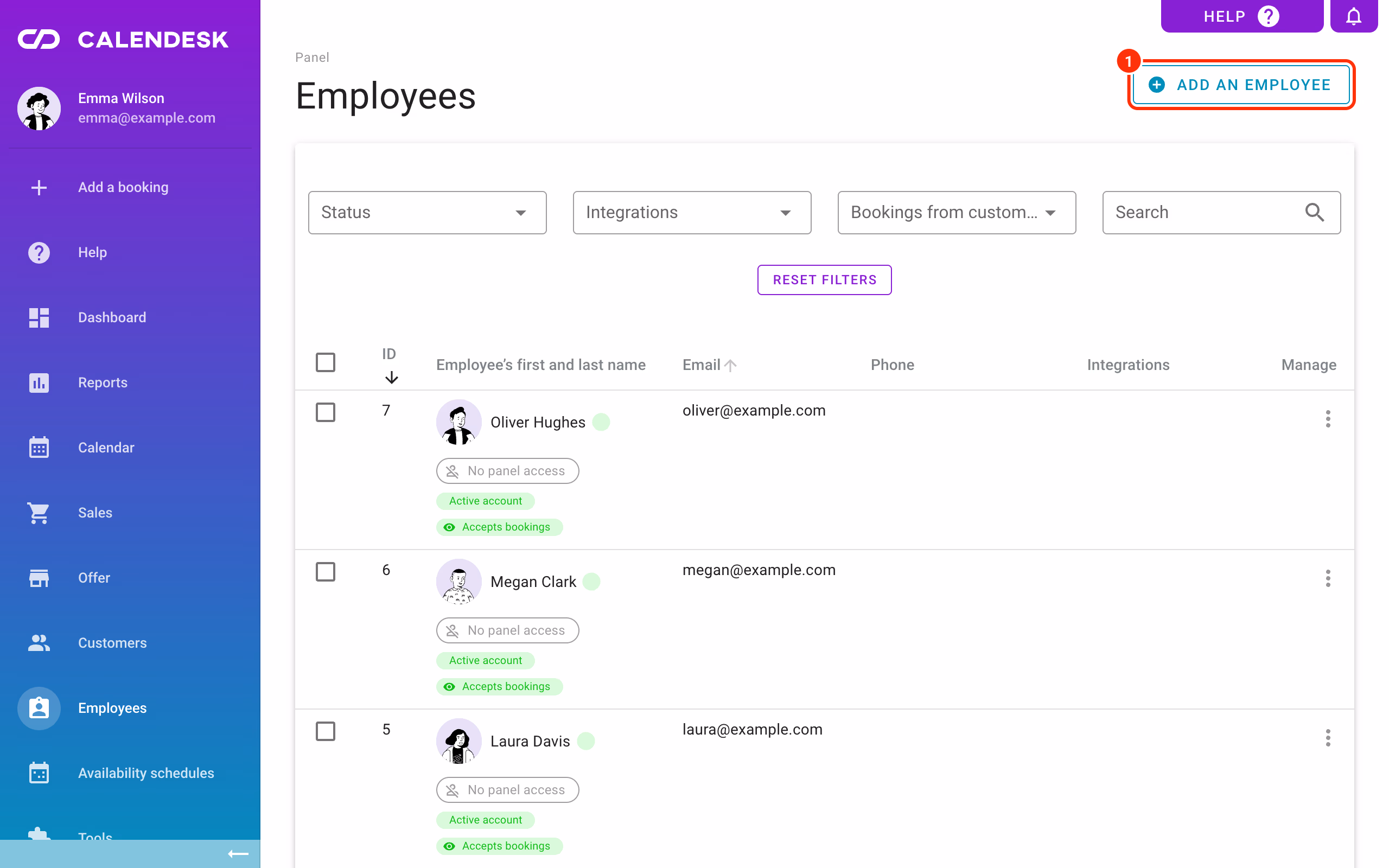 The employee list with the Add an employee button.