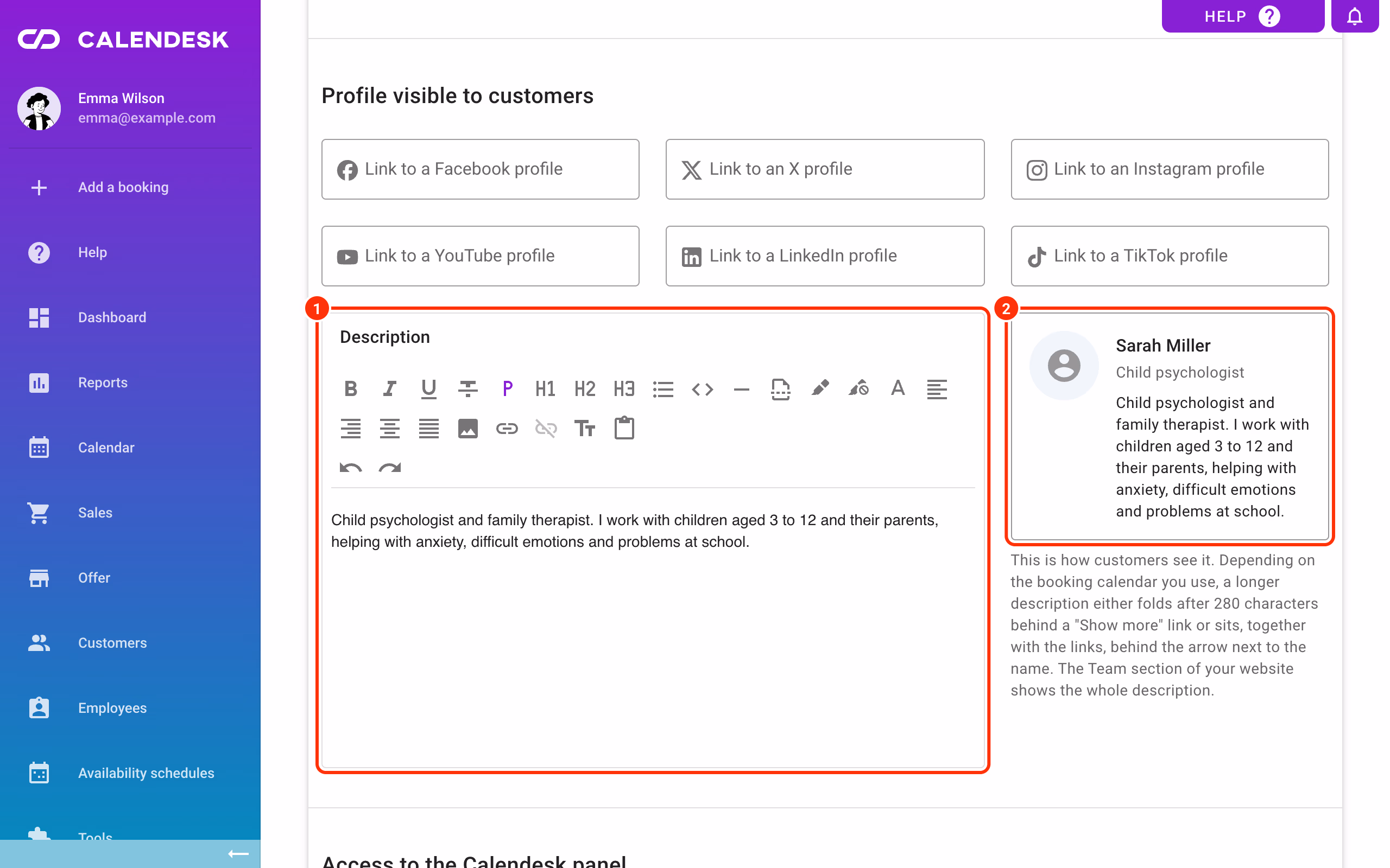 Profile visible to customers: description, profile links and the profile preview.