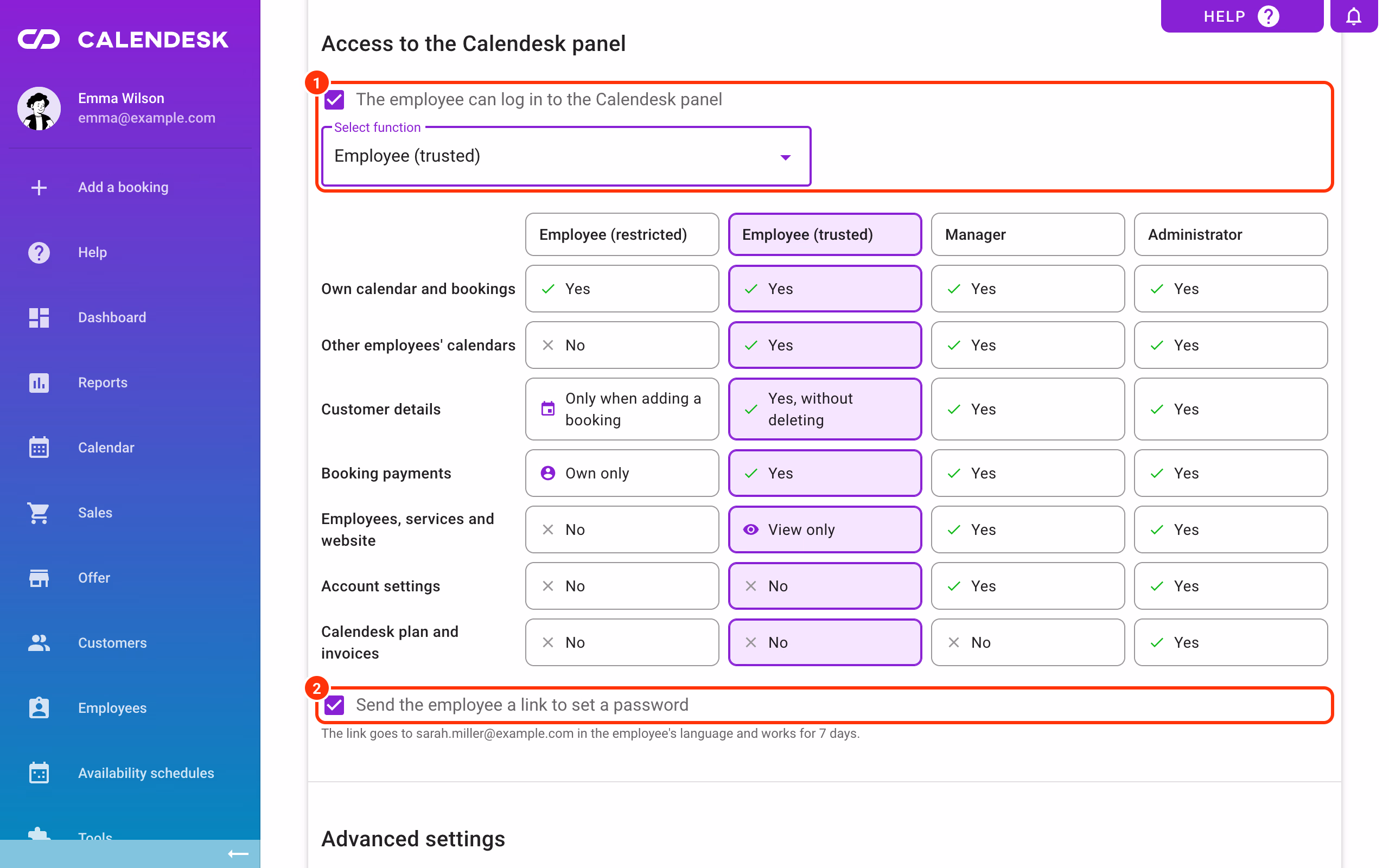Access to the Calendesk panel: the chosen role, the role table and the set-password link.