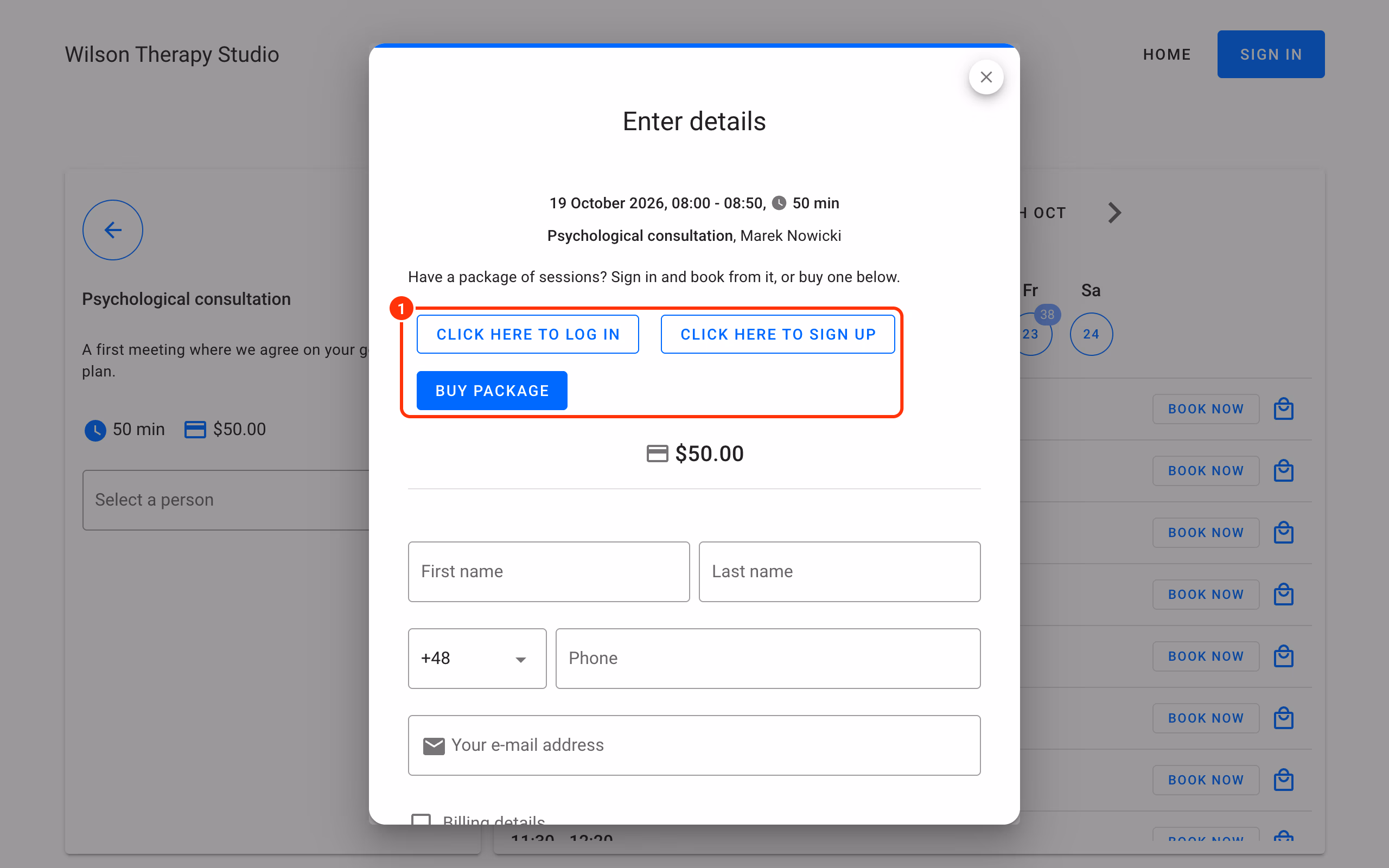 The booking window with the log in, sign up and Buy Package buttons from the service description (1).