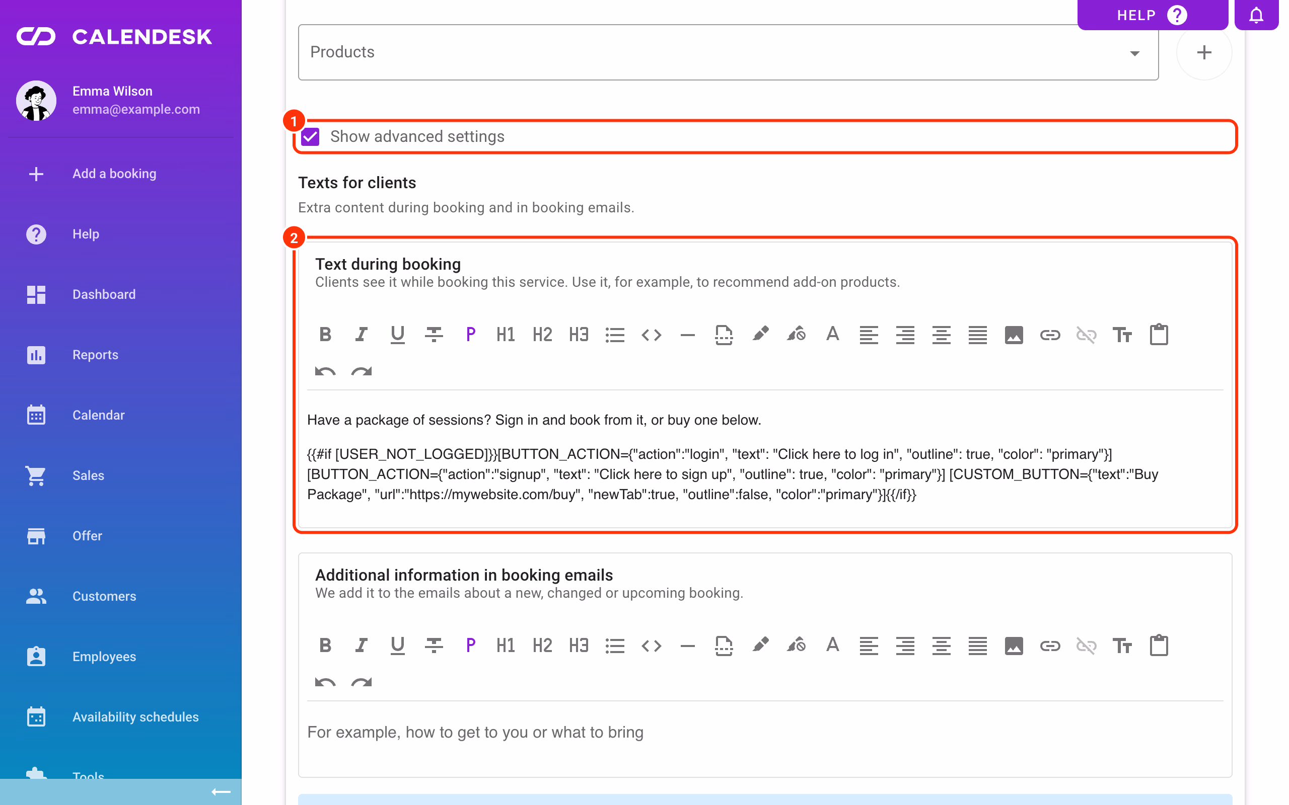 Show advanced settings ticked (1) and the Text during booking field with sample code (2).