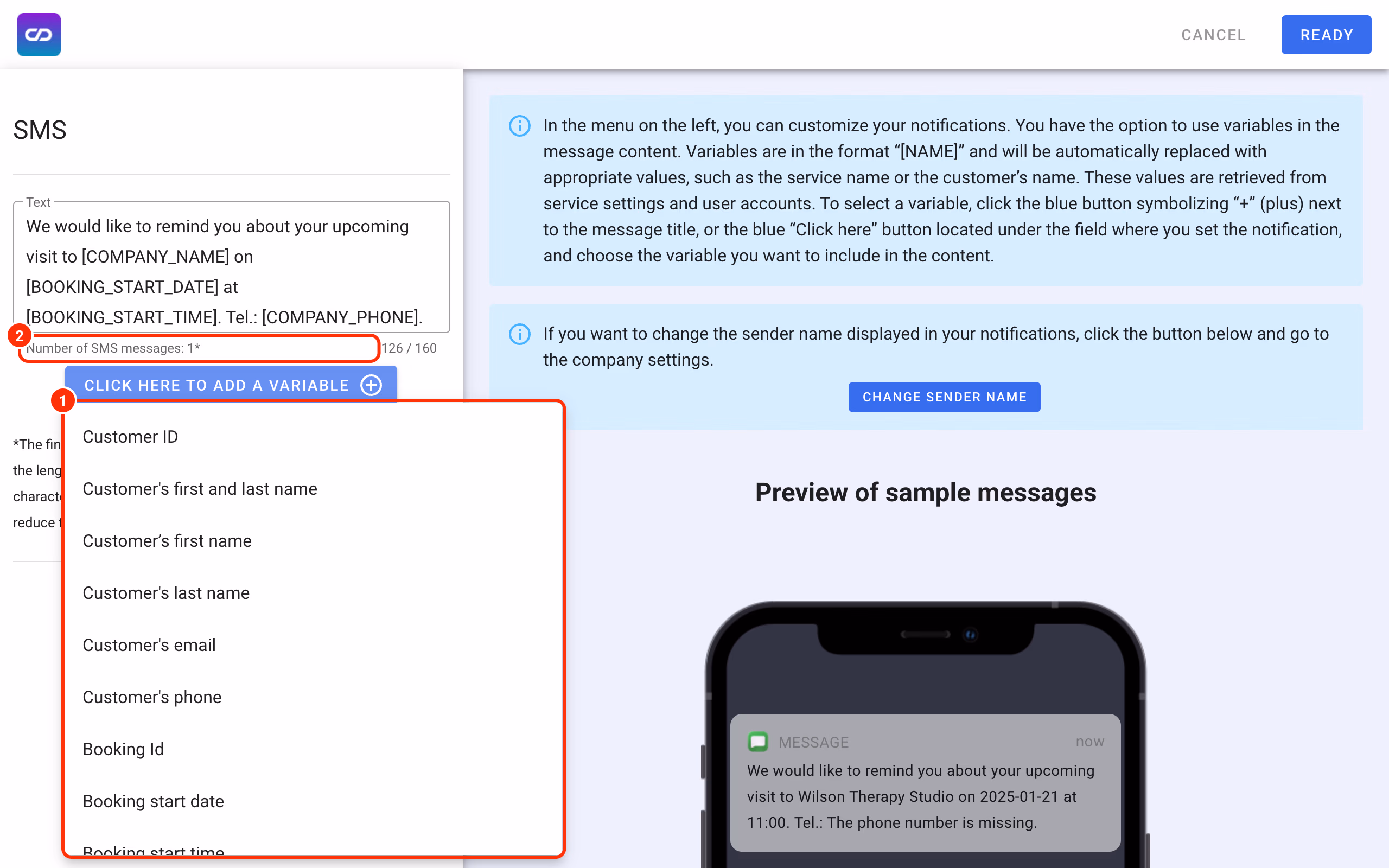 The variable list in the SMS editor (1) and the number of SMS messages (2).