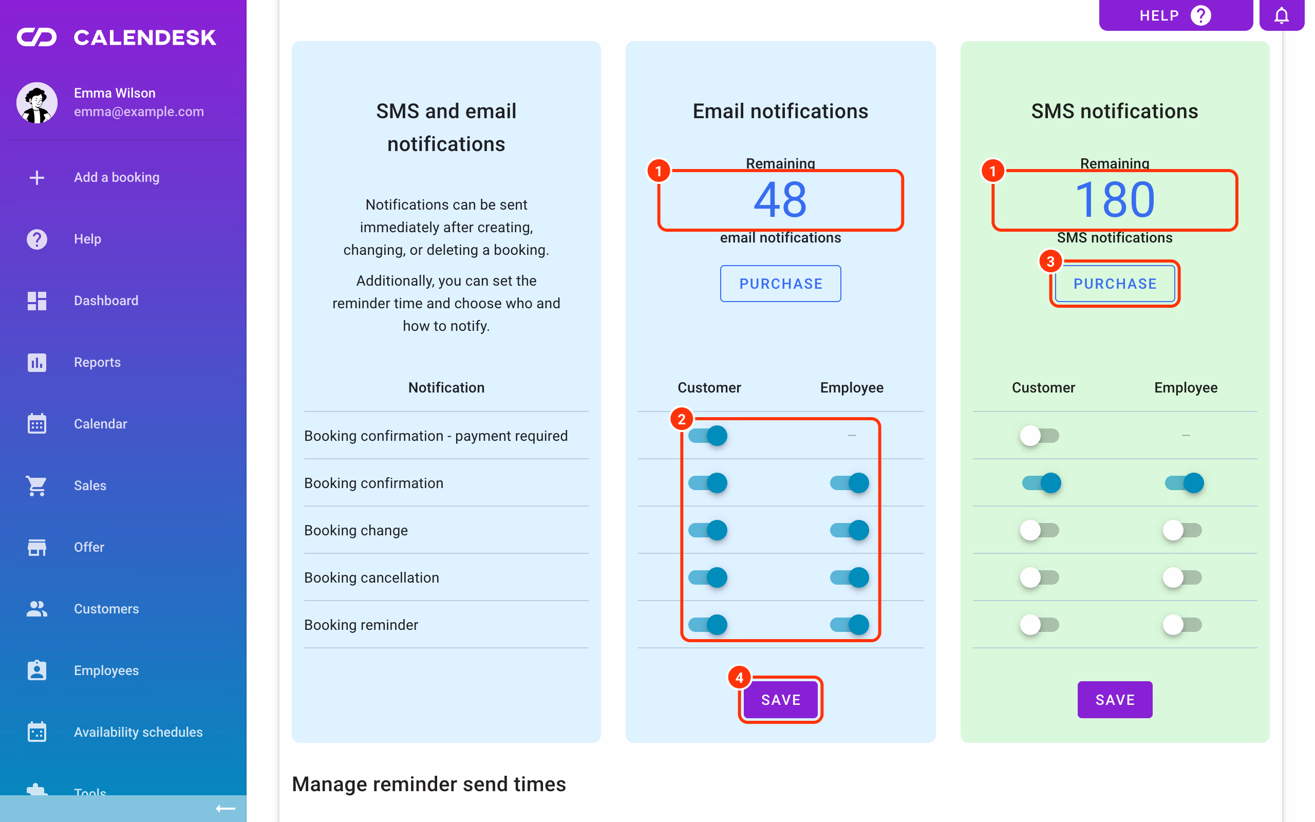 The Remaining counters (1), the Customer and Employee switches (2), Purchase (3) and Save (4).