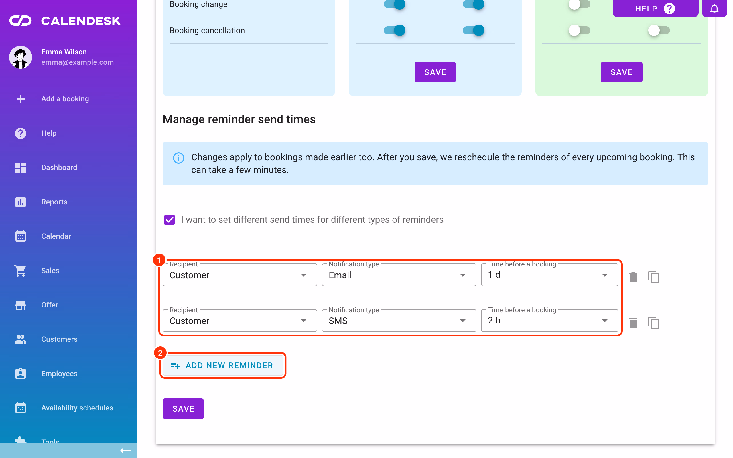 Two reminders set separately (1) and Add new reminder (2).