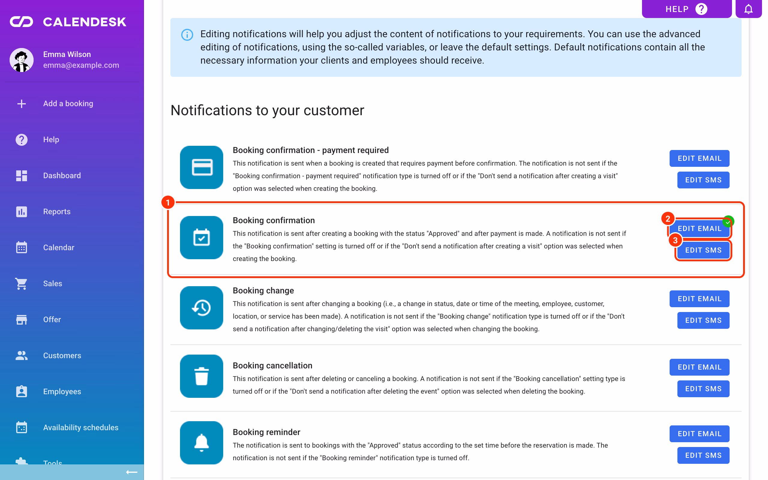Booking confirmation in Templates (1), Edit email (2) and Edit SMS (3).