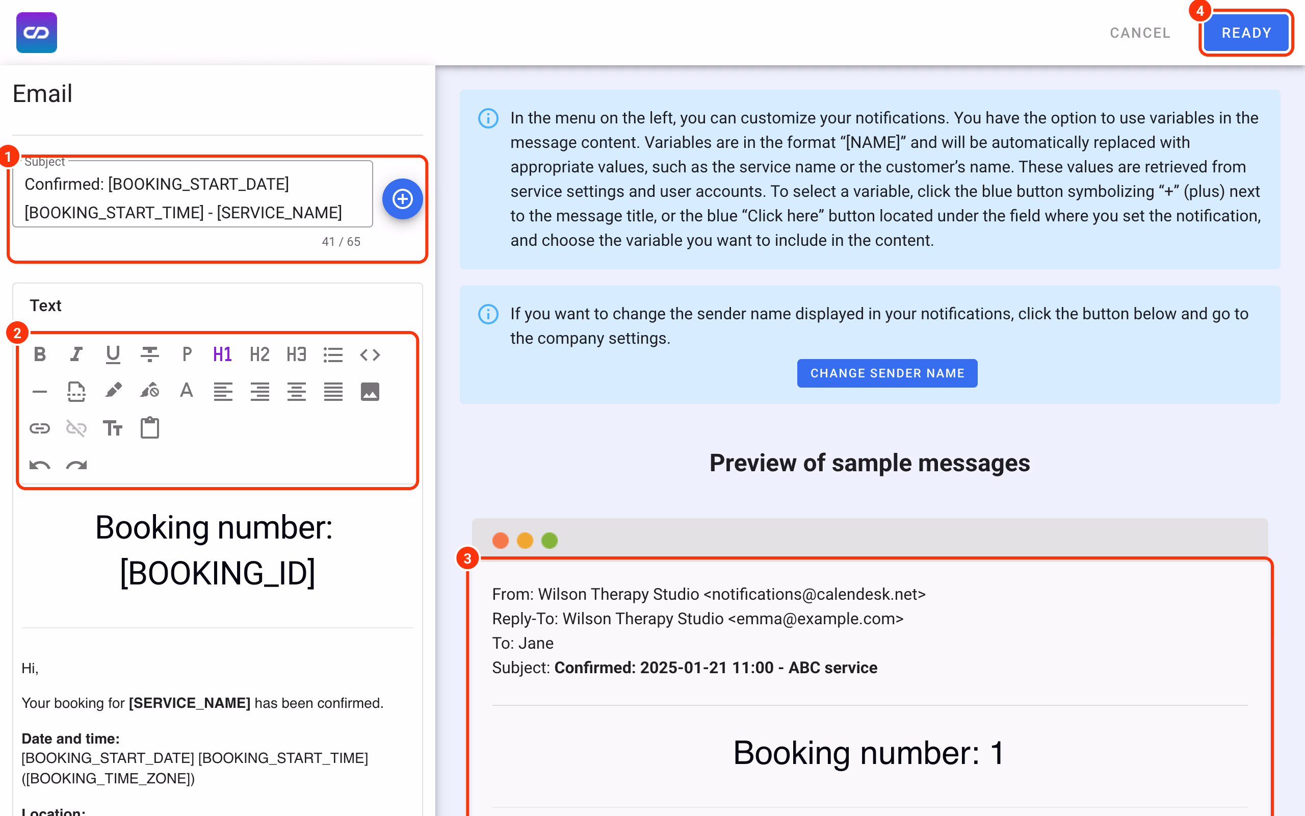 The email editor: subject (1), text (2), preview (3) and Ready (4).