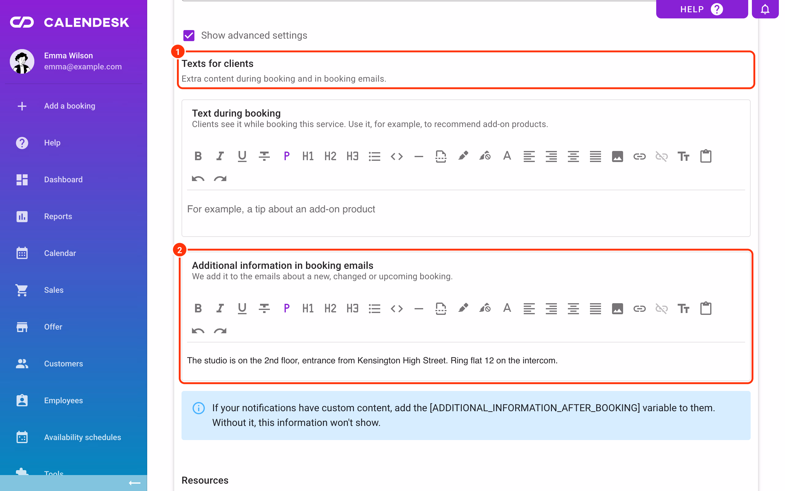 Texts for clients (1) and additional information in booking emails (2).