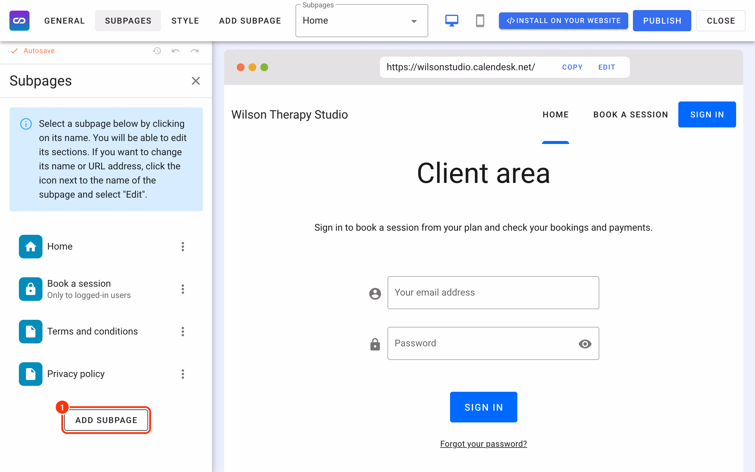 Add subpage in the Subpages tab (1).