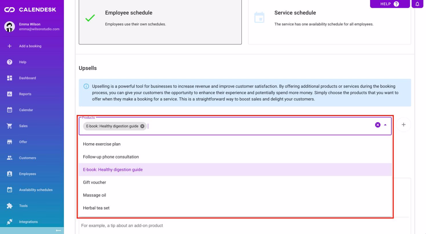 The Products list in the service form with one product selected.
