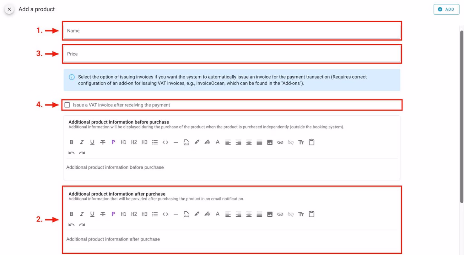 The Add a product form: name, price, VAT invoice and information sent after purchase.