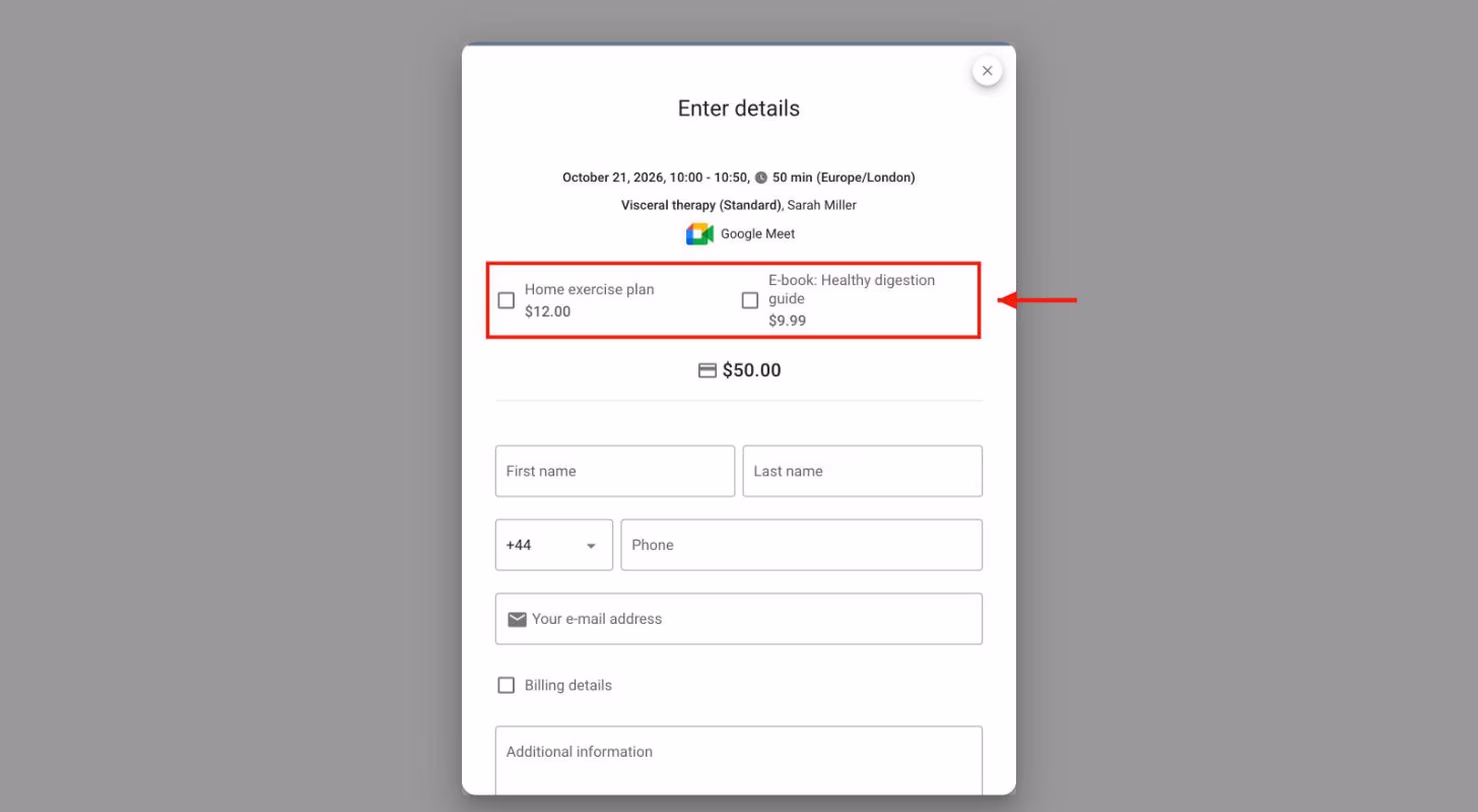 The booking form on the website with two products to add to the booking.