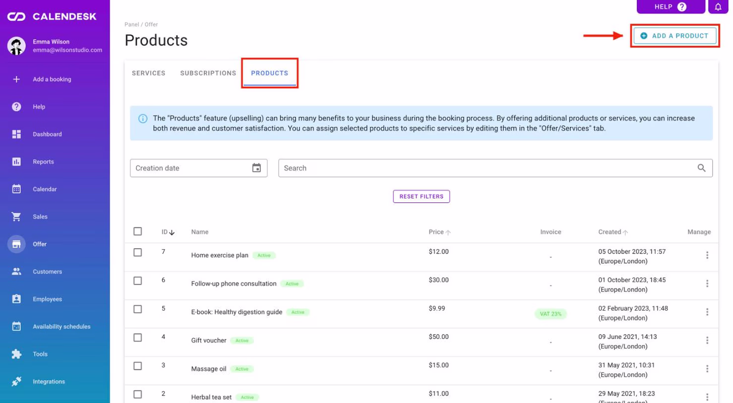 The Products tab in Offer with the Add a product button.