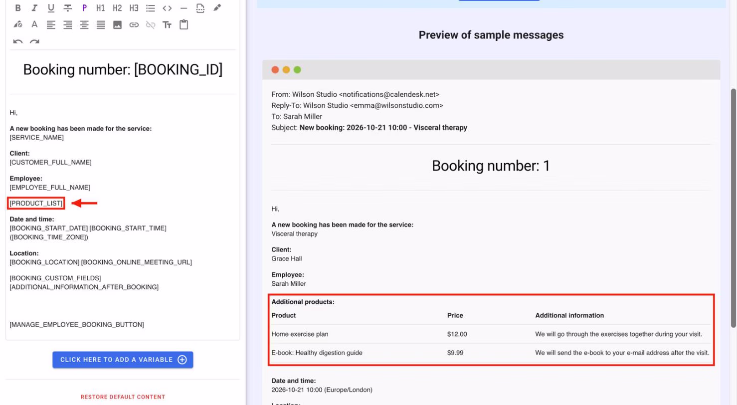 The [PRODUCT_LIST] variable in the notification template and the product table in the e-mail preview.