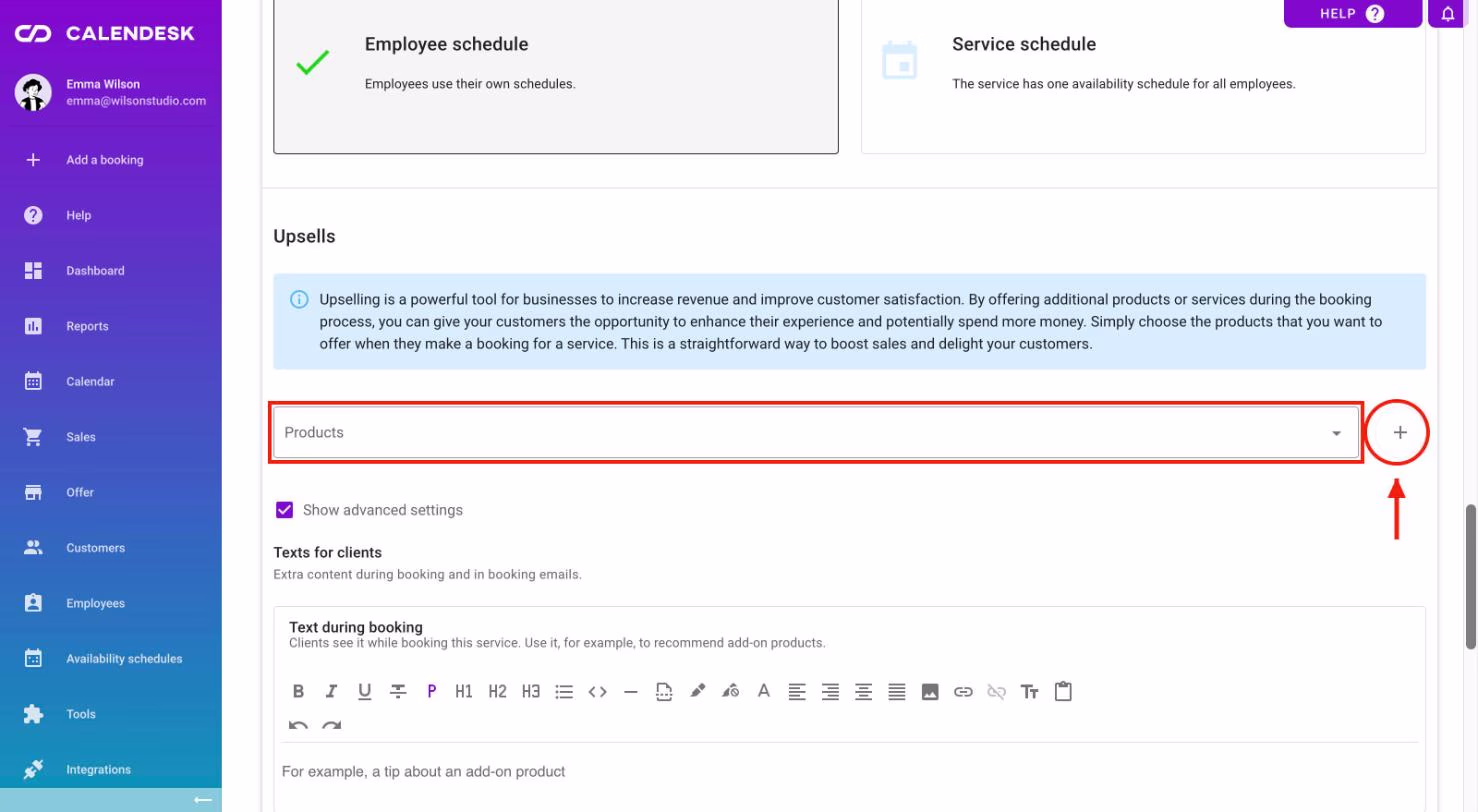 The Upsells section of the service form with the Products field and the + button.