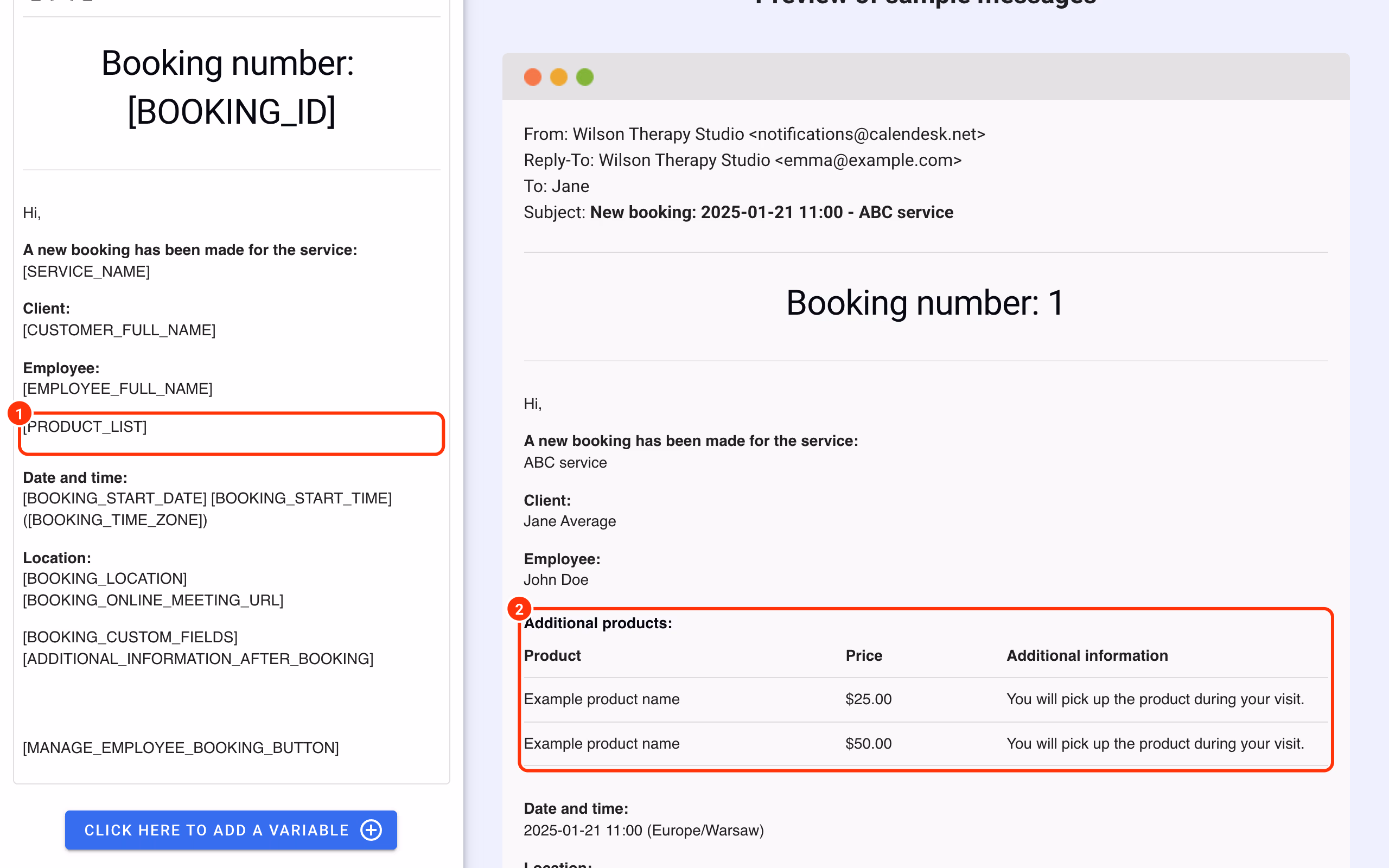 The [PRODUCT_LIST] variable in the notification template and the product table in the e-mail preview.