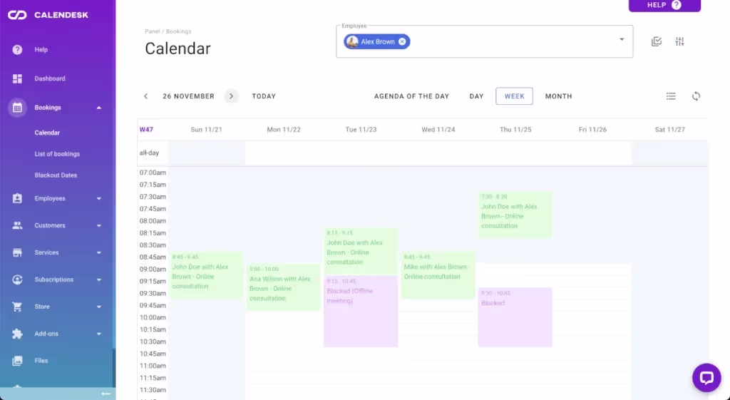 Online booking system - Bookings Calendar