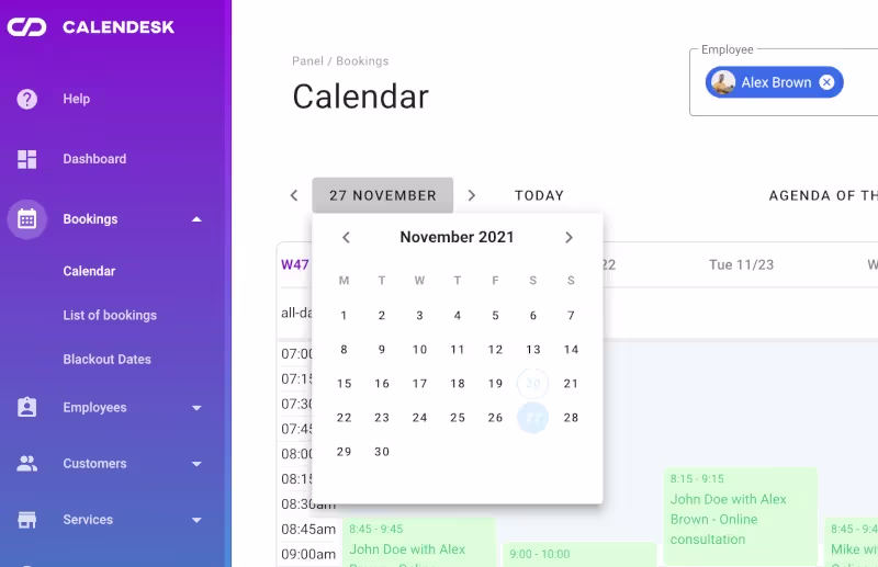 Online booking system - Calendar monthly view
