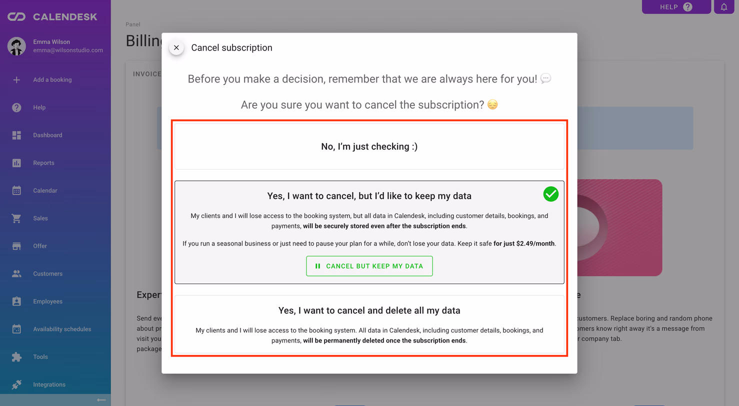 The second step of cancelling the plan with three options.