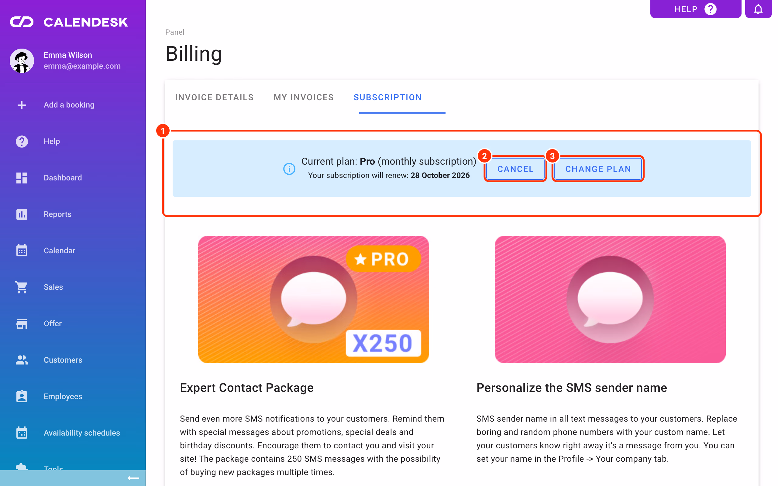 The current plan on the Subscription tab with Change plan and Cancel.