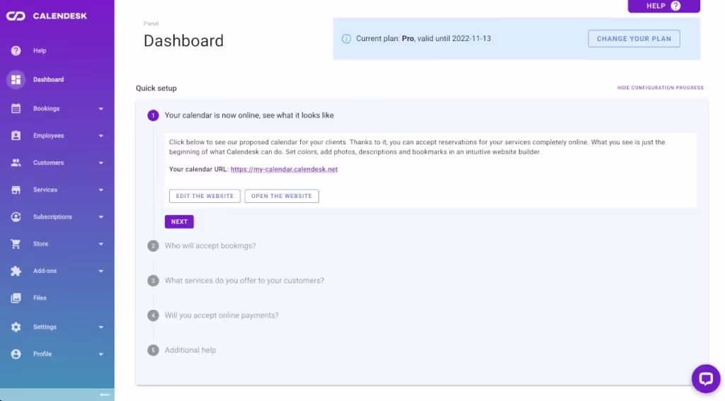 Online booking system - Dashboard