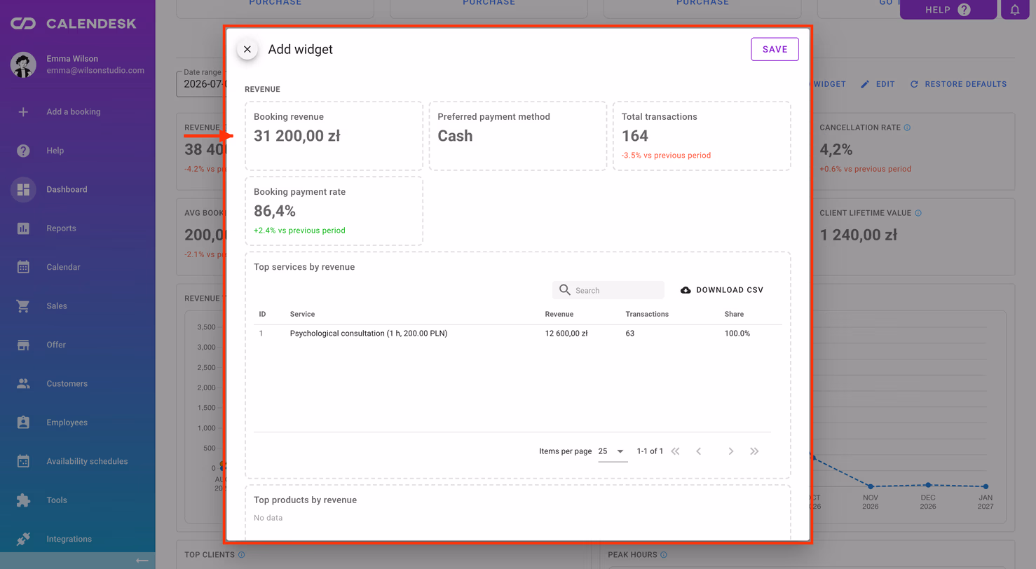 The Add widget picker with widget groups.