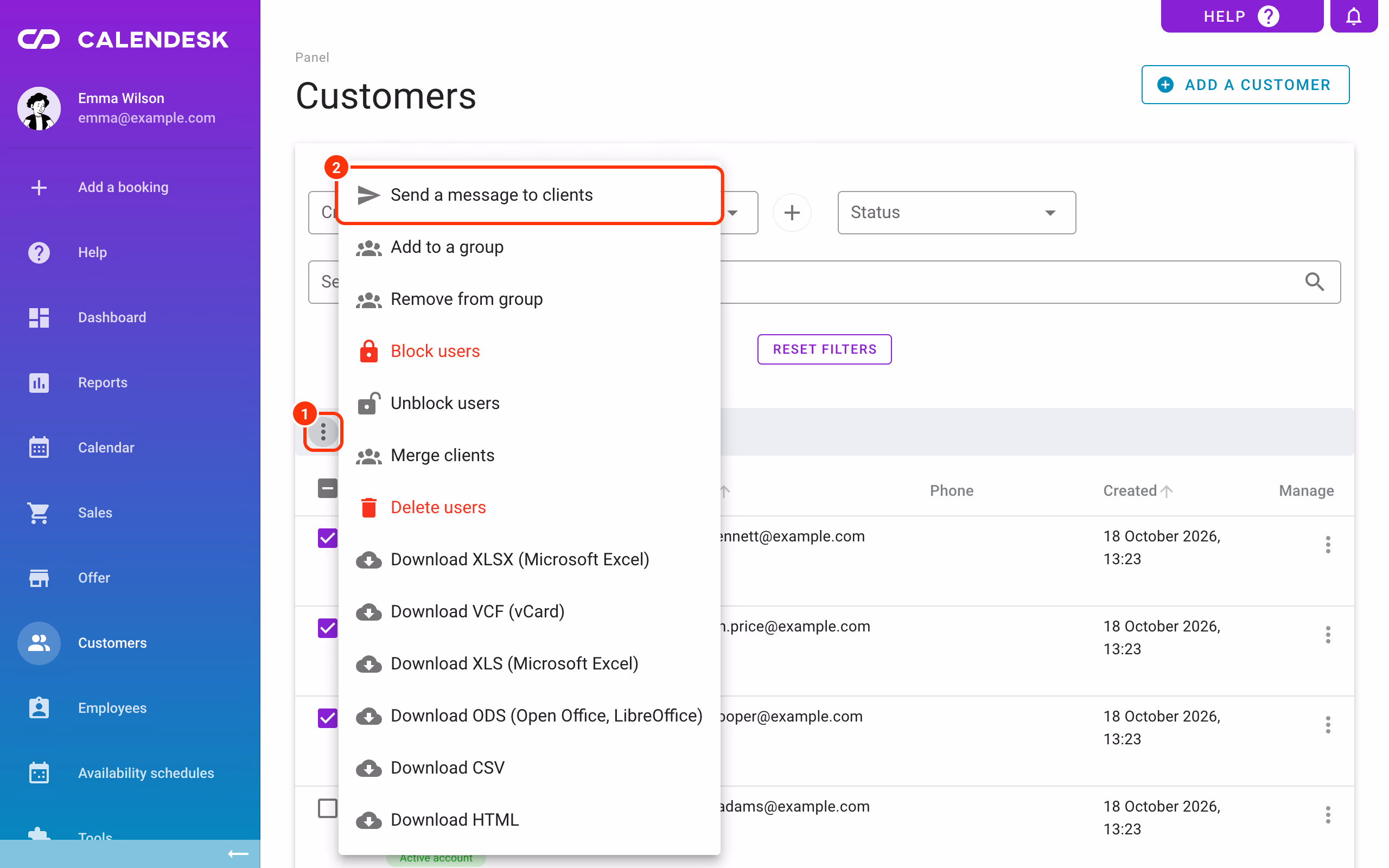 Customers: bulk menu with Send a message to clients.