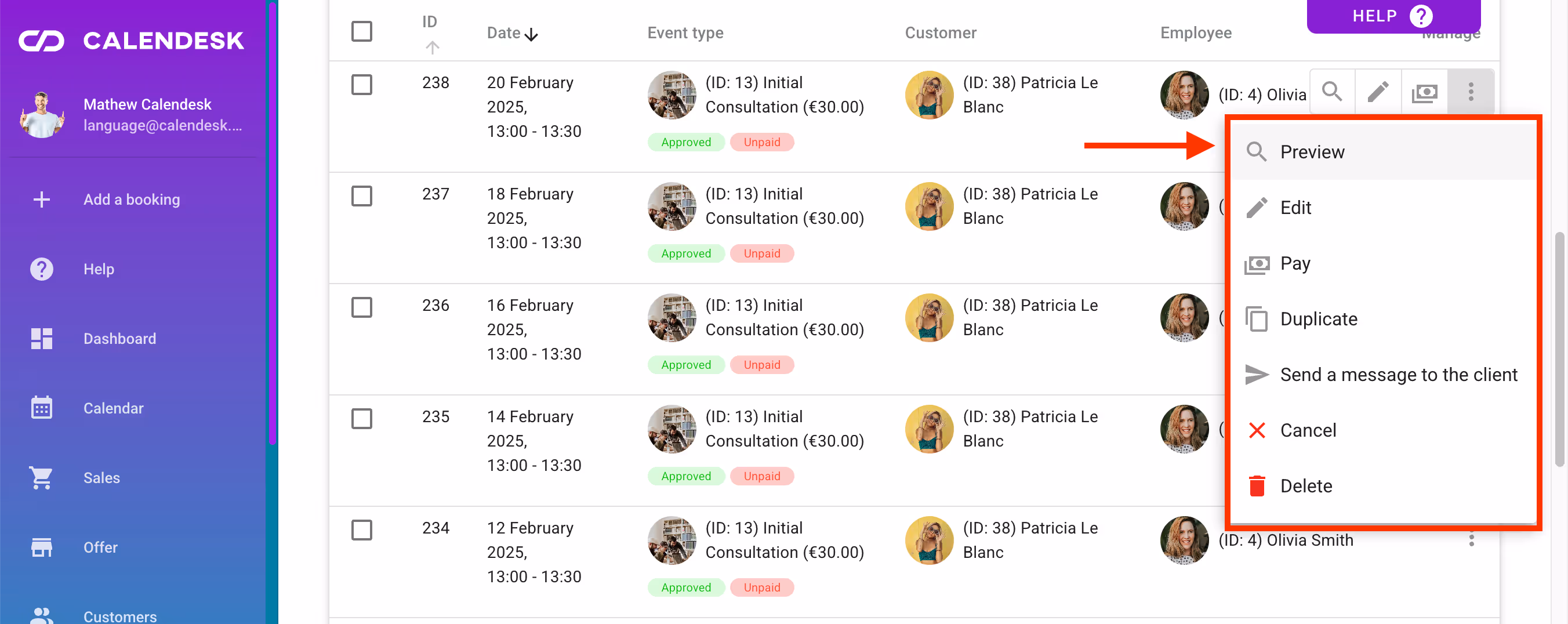 How to manage a customer boooking.