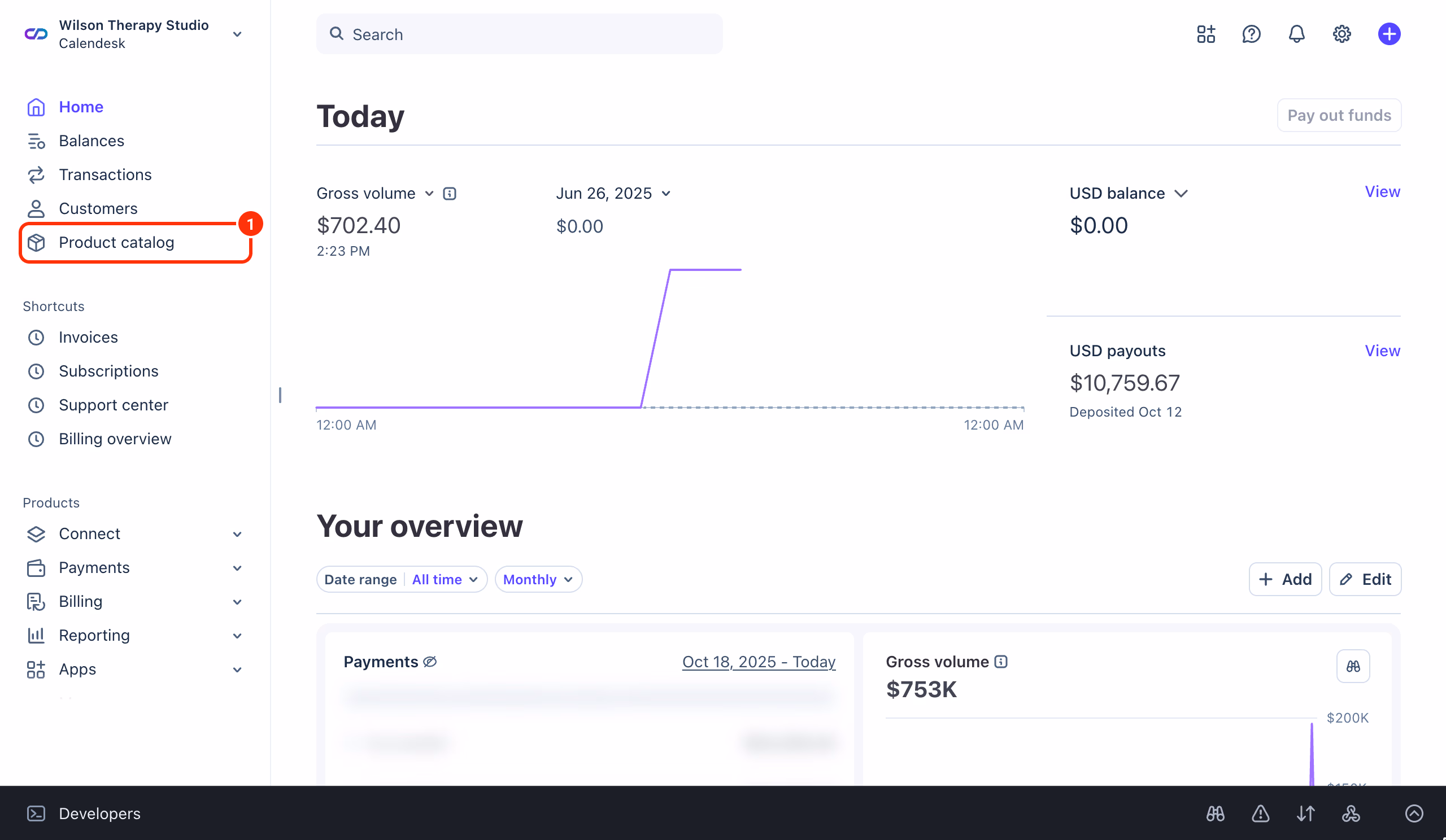 Stripe dashboard: Product catalog in the left menu (1).