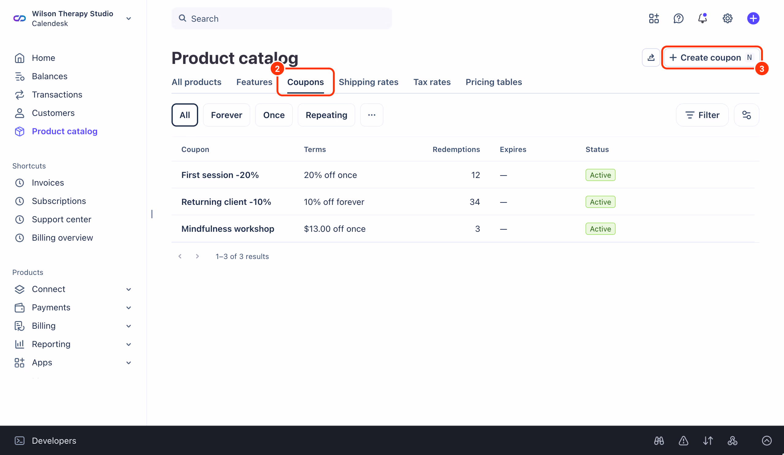Stripe Product catalog: the Coupons tab (2) and the Create coupon button (3).