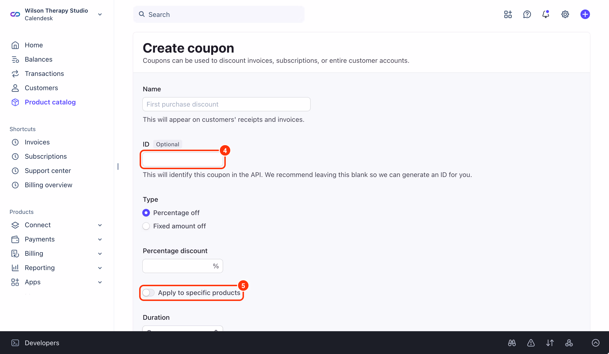 Stripe Create coupon form: the ID field (4) and the Apply to specific products switch (5).
