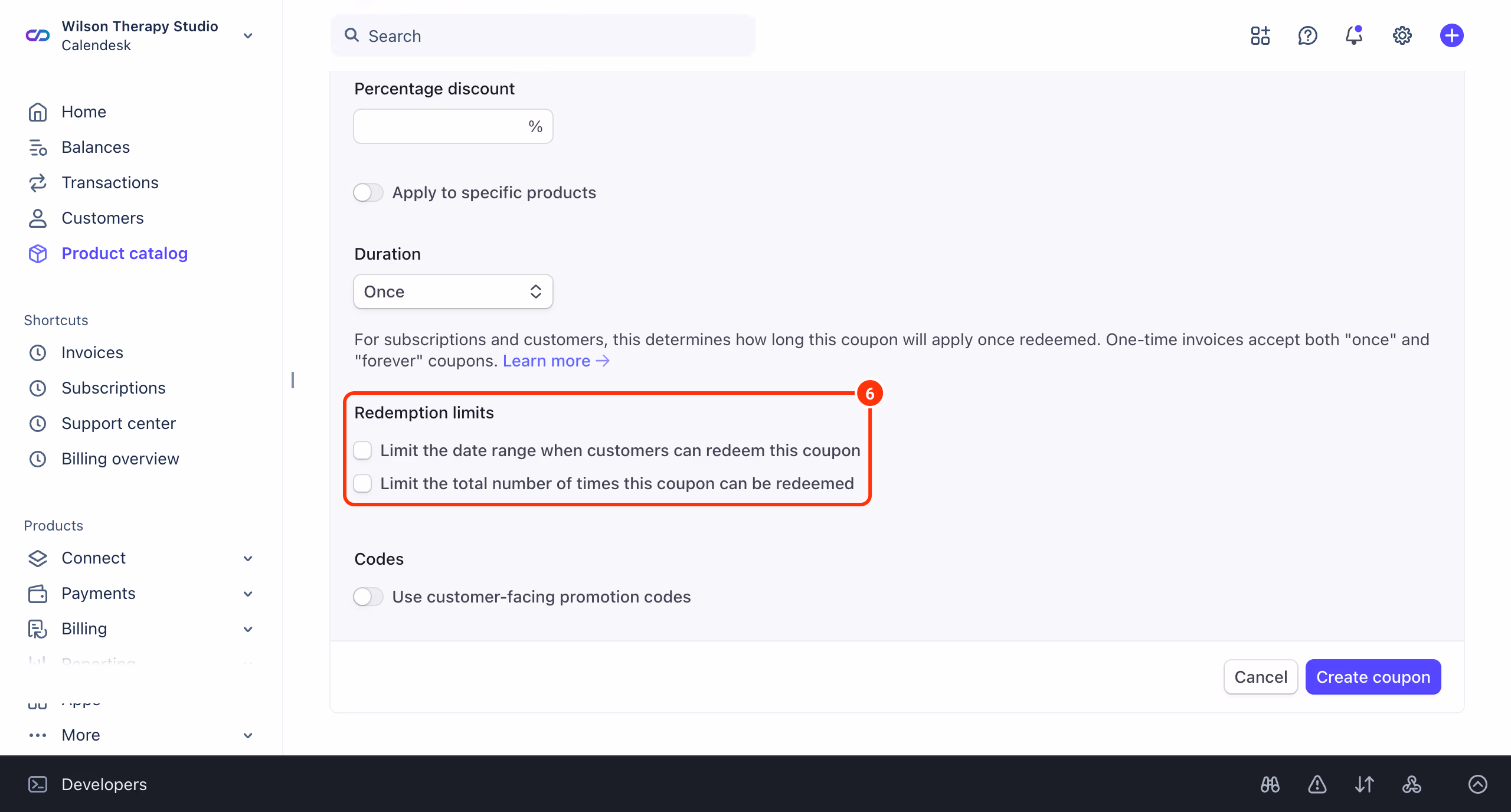 Stripe Create coupon form: the Redemption limits section (6).
