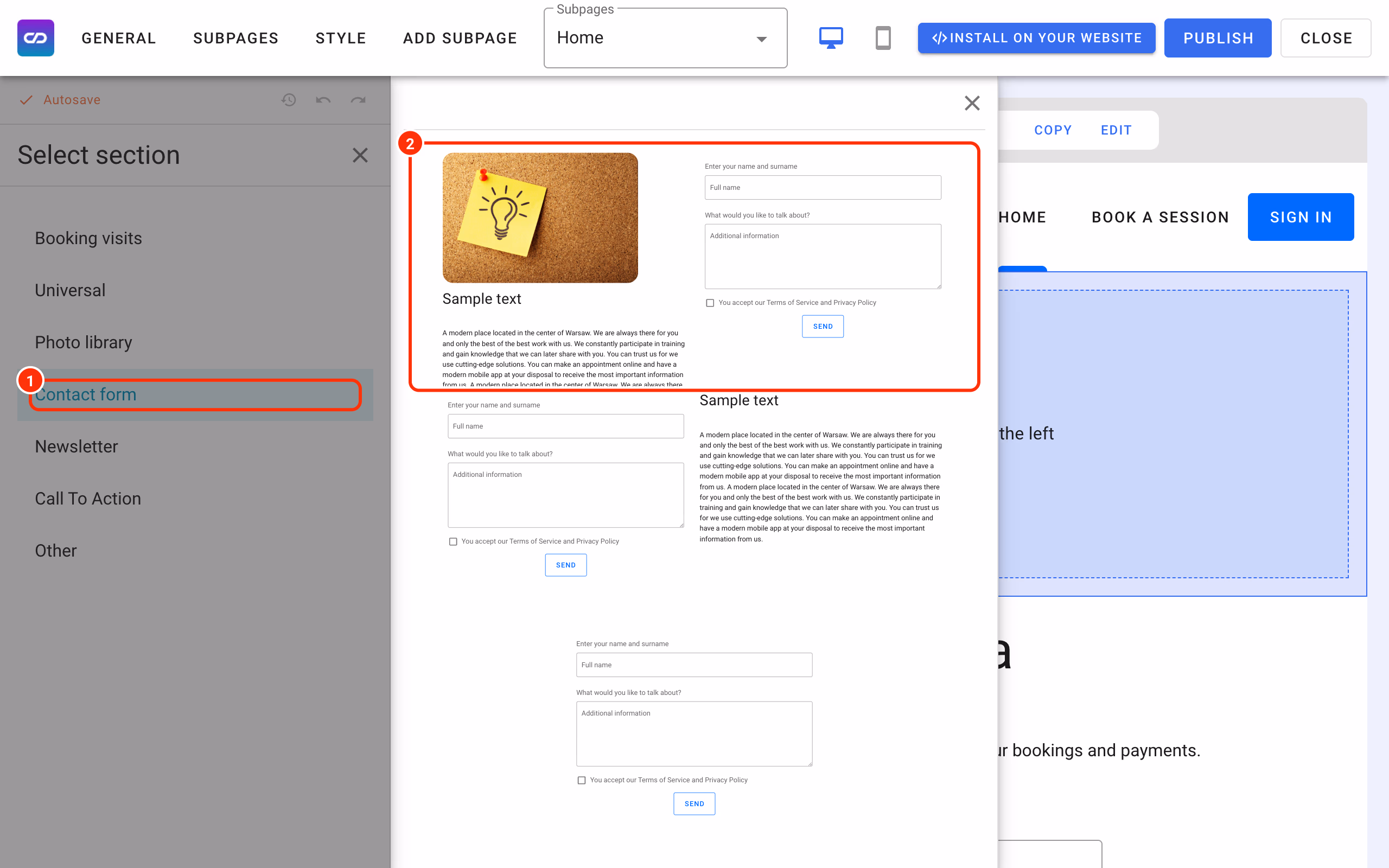 The Contact form category (1) and a contact form section (2).