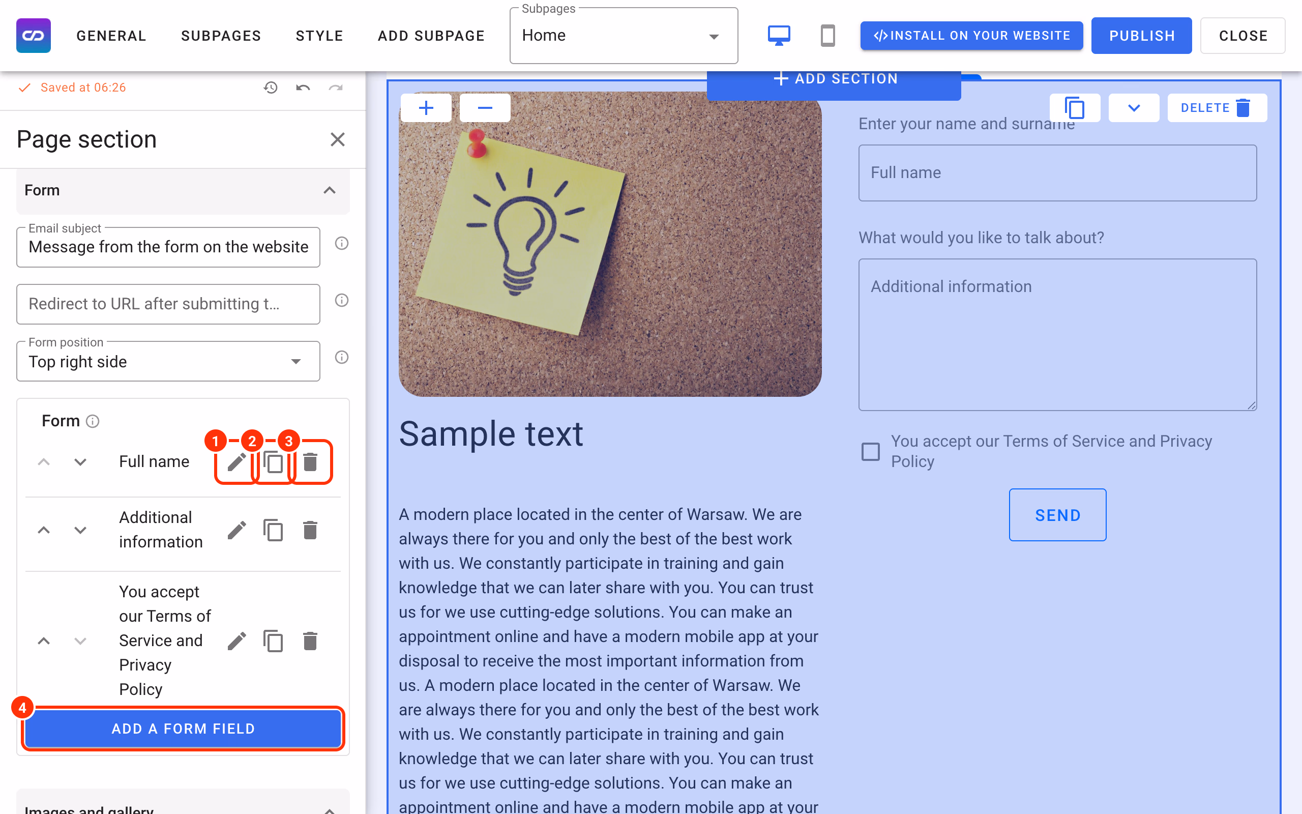 Edit (1), duplicate (2) and delete (3) a field, and Add a form field (4).