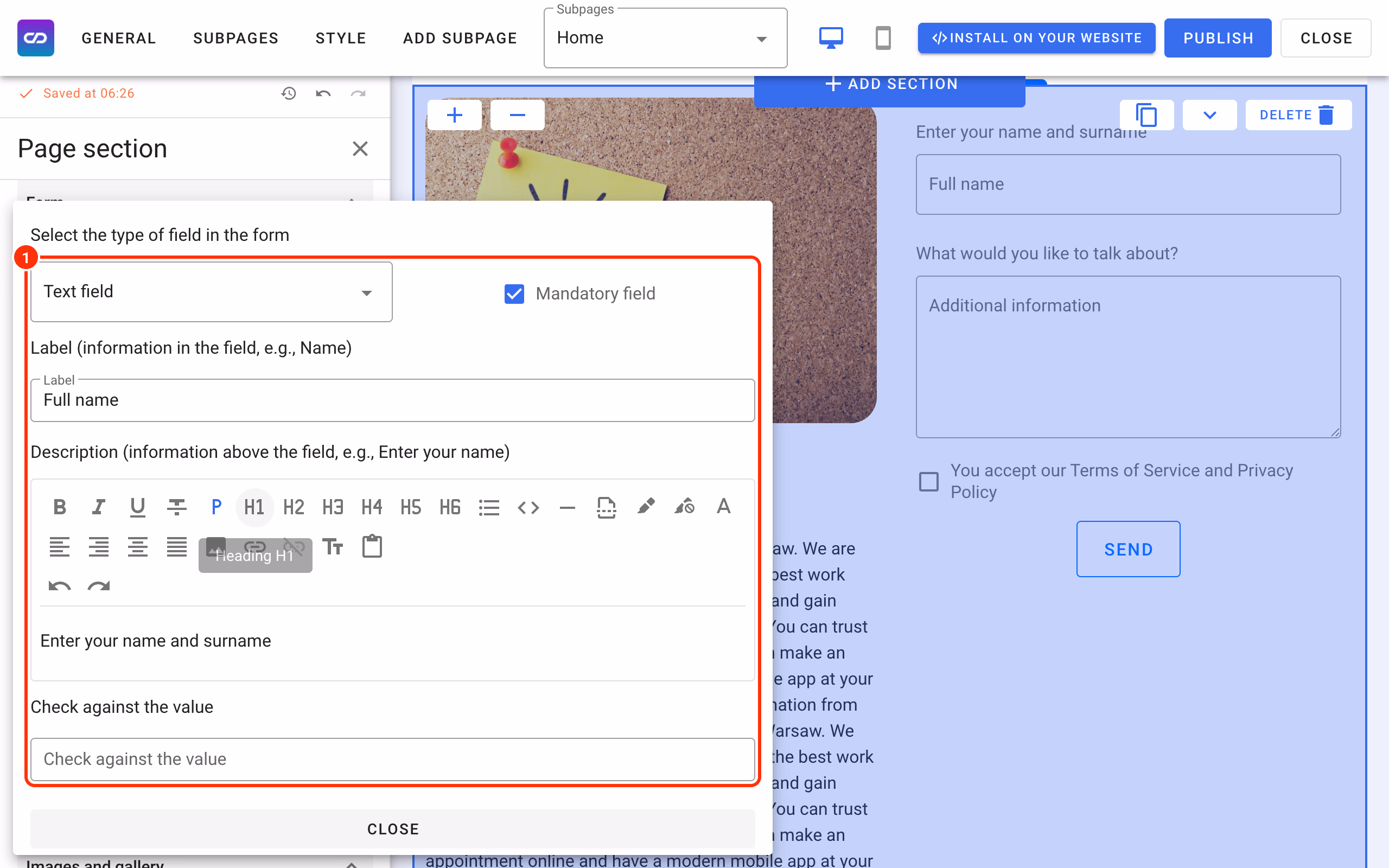 The field window: type, Mandatory field, Label, Description and Check against the value (1).