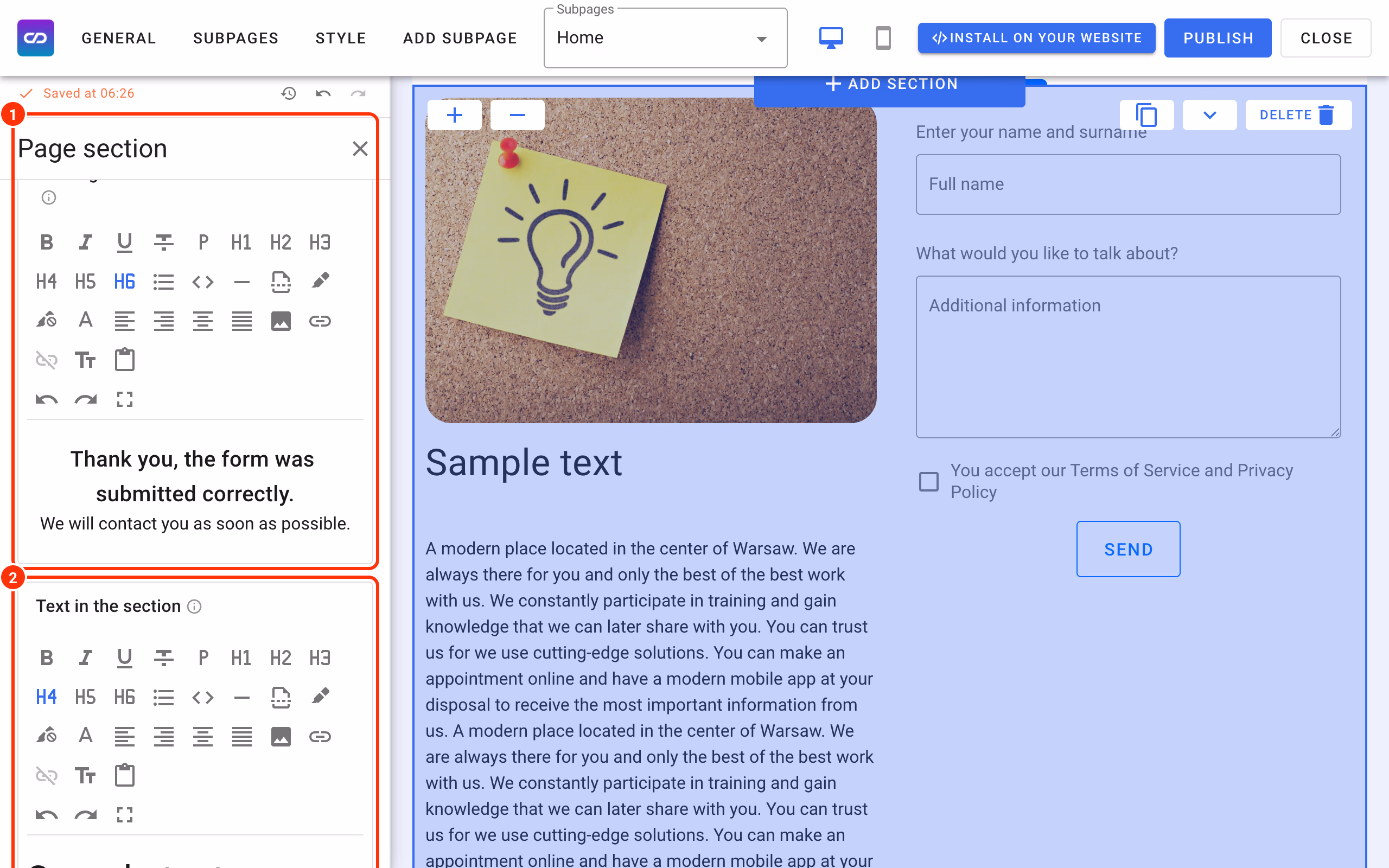 The content of the message after sending the form (1) and Text in the section (2).