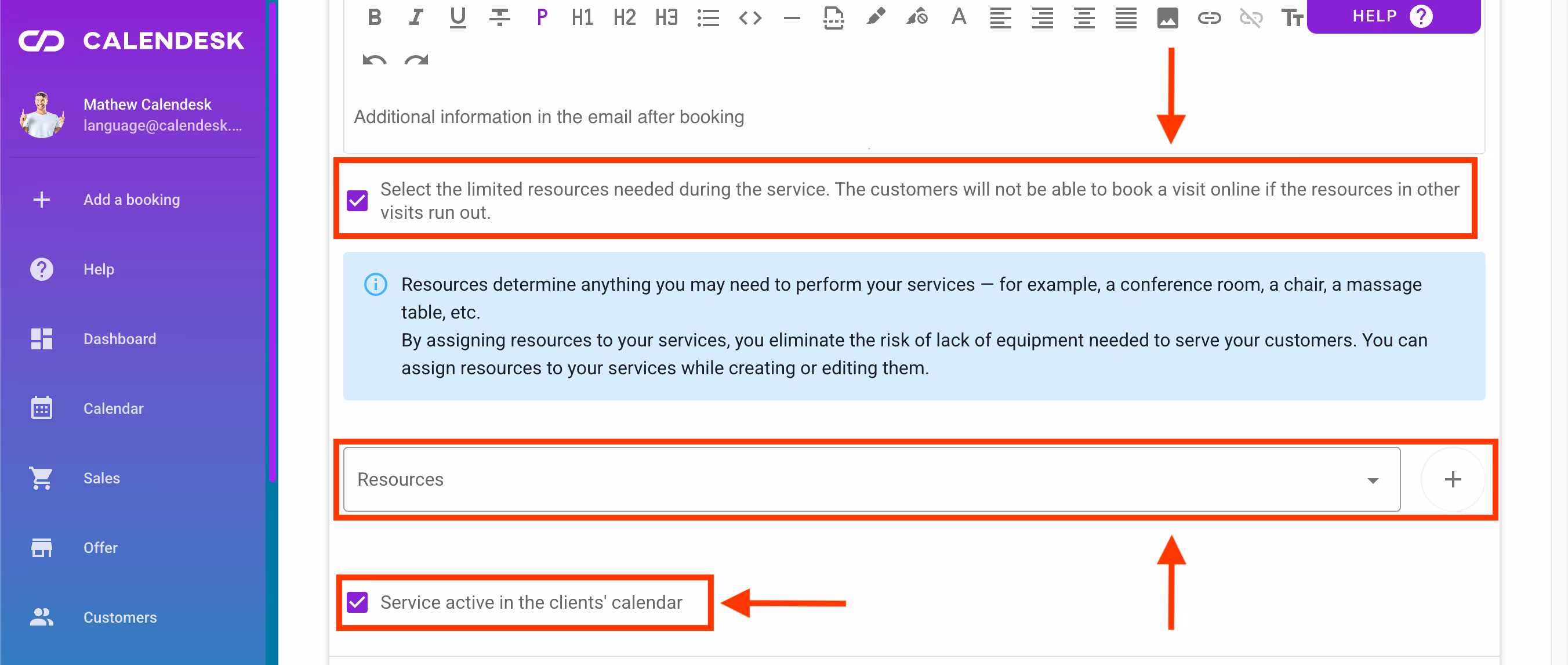 Selection of resources and activation of he service.