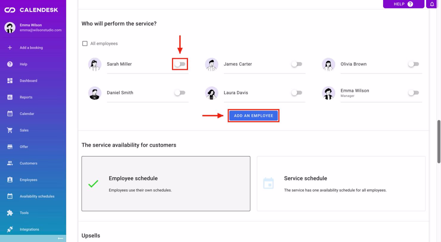 The Who will perform the service? section with employee switches and the Add an employee button.