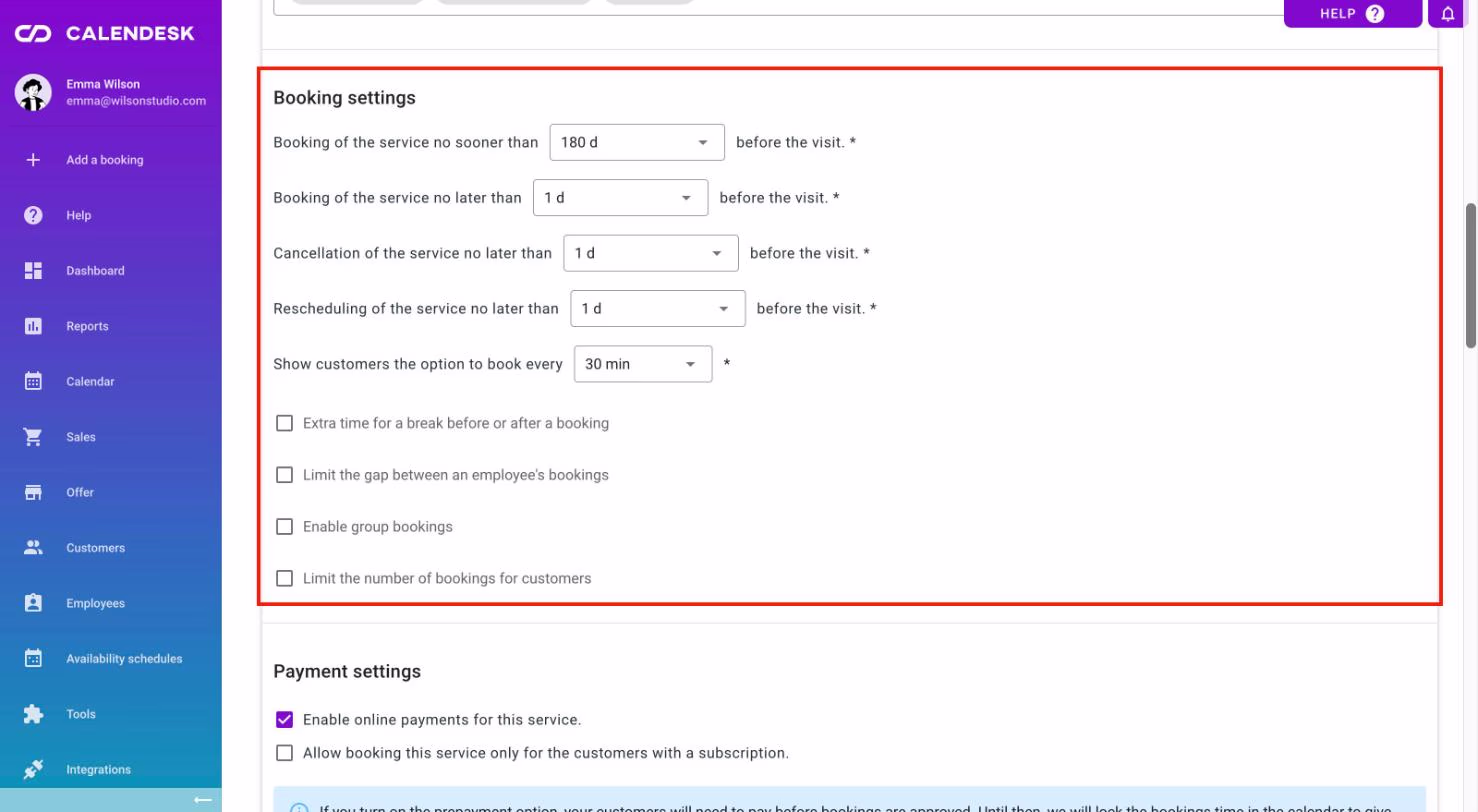 Booking settings in the service form.
