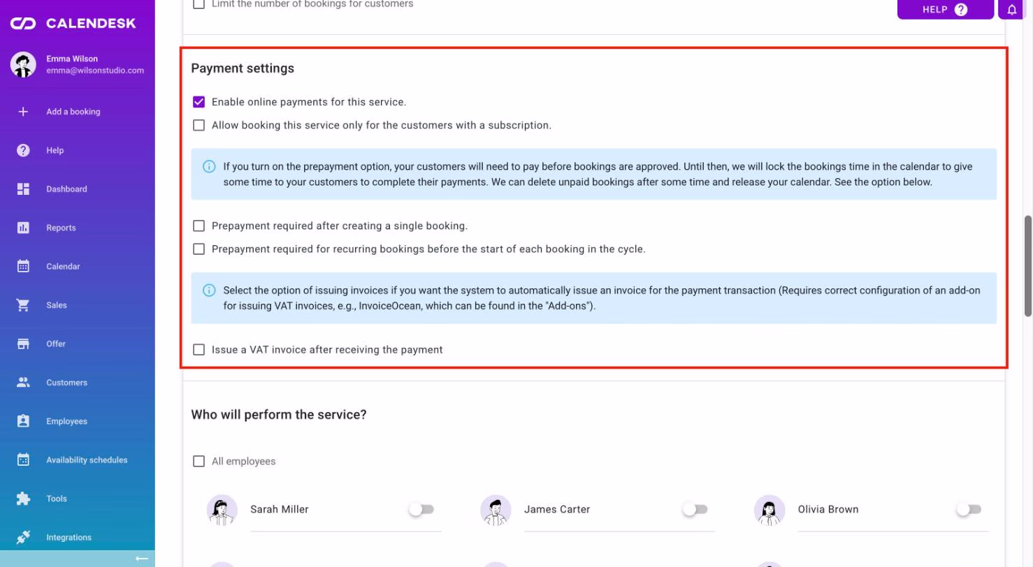 Payment settings in the service form.