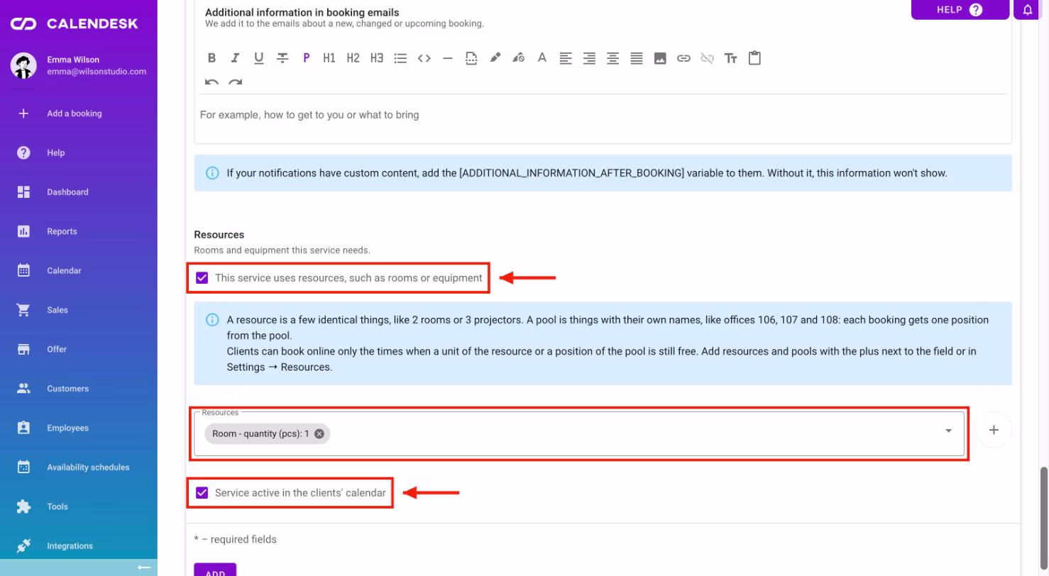 The This service uses resources option and the Resources field in the service form.