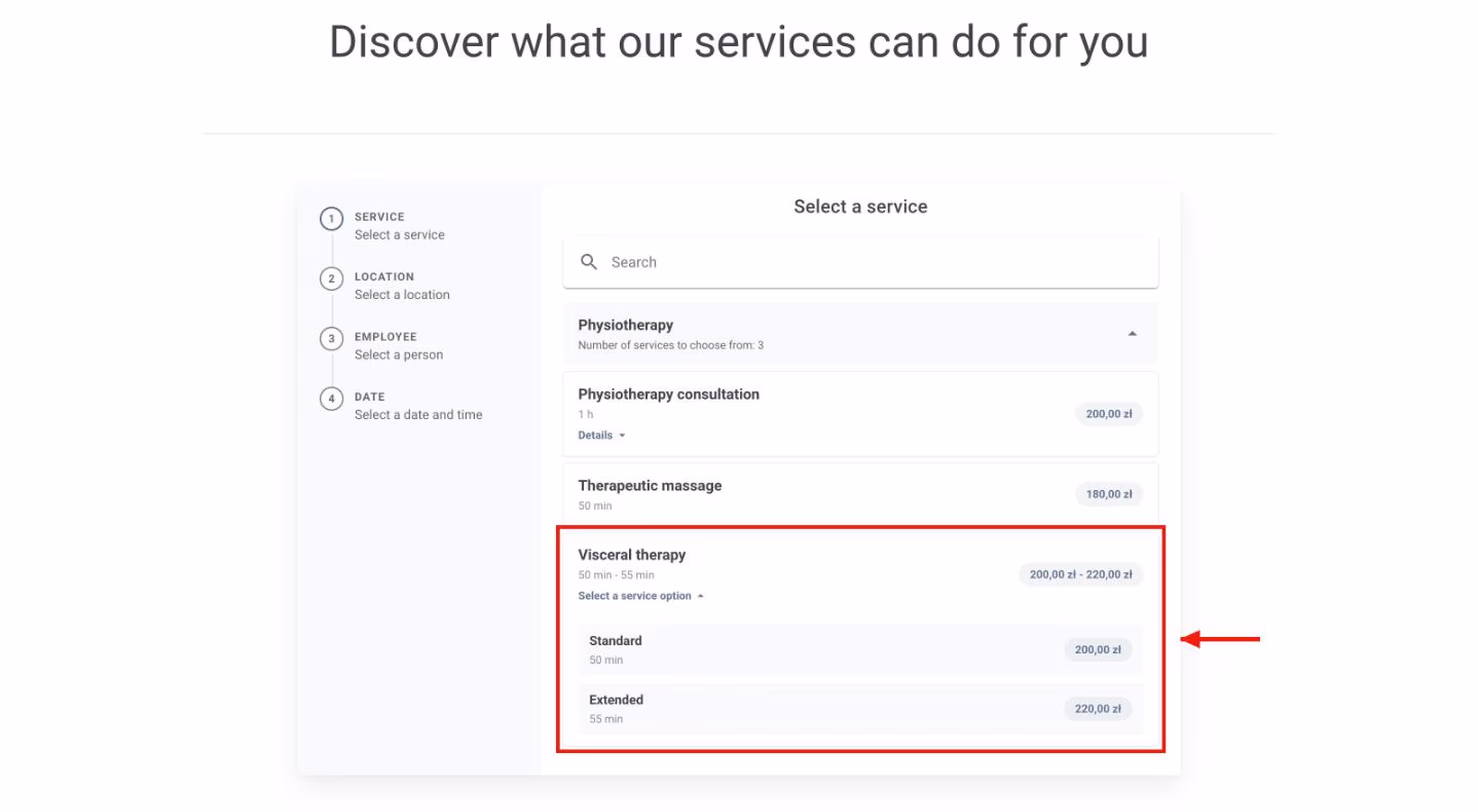 Service options on the booking website after choosing the service.