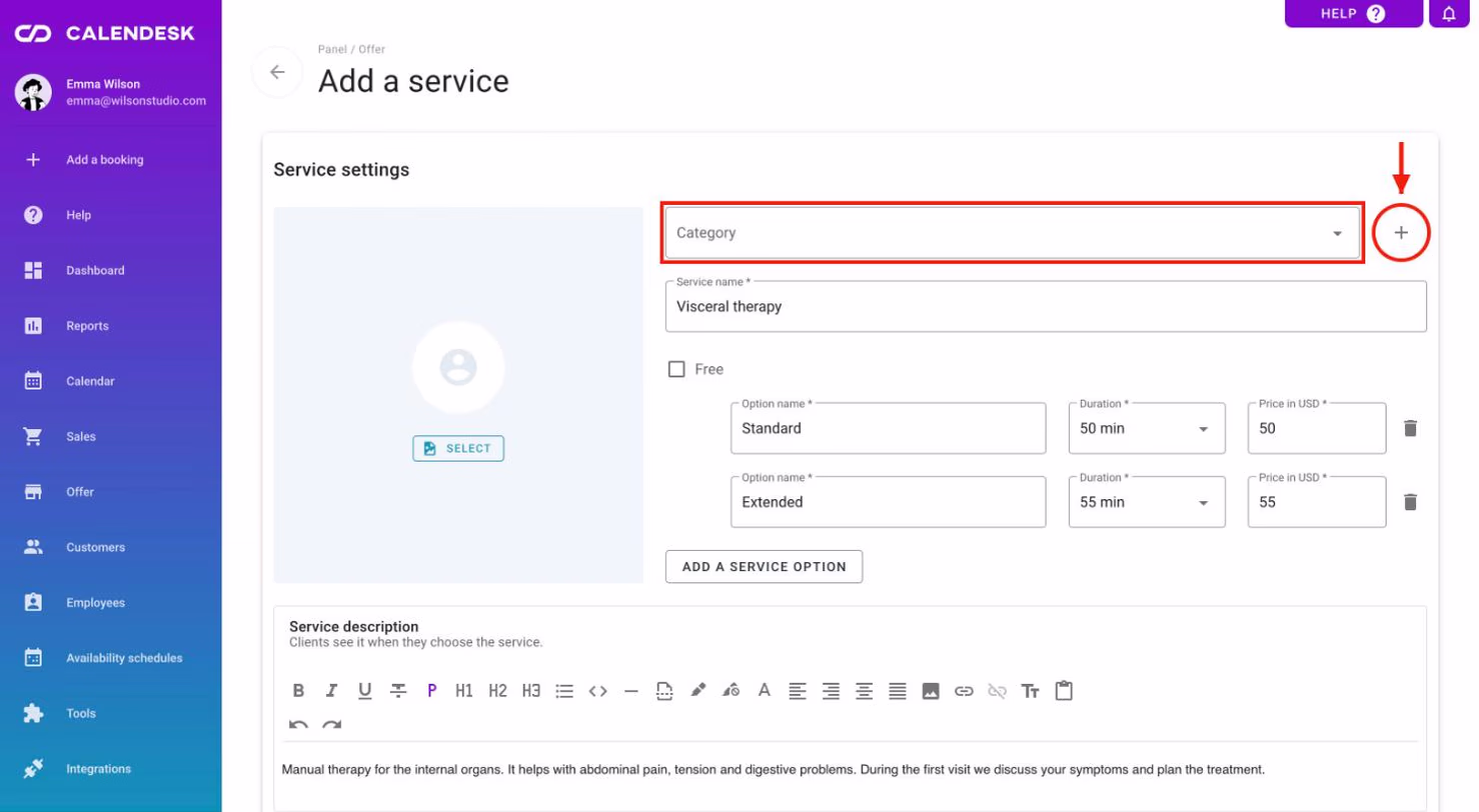 The Category field with the + button in the service form.