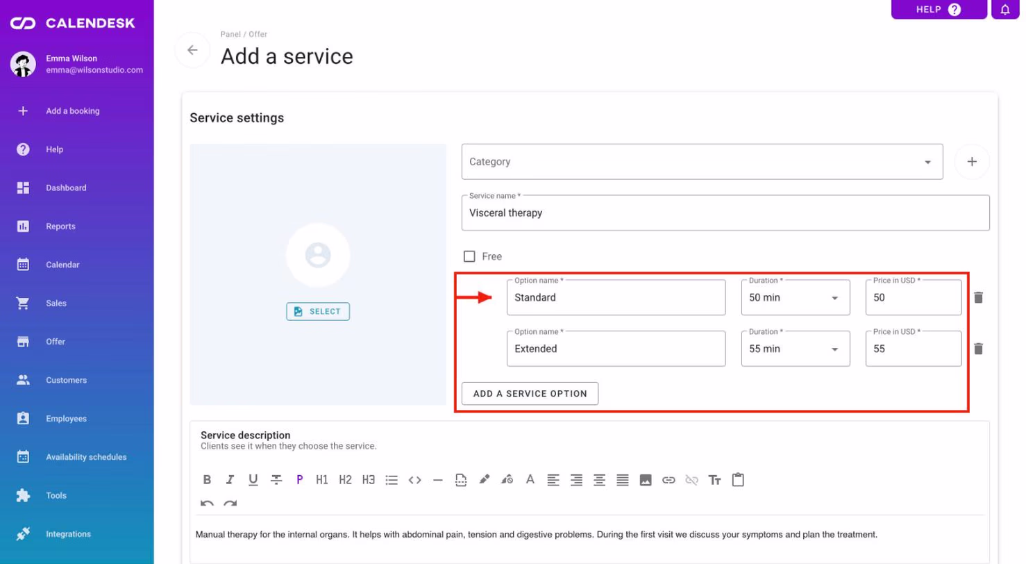 Service options: name, duration and price of each option, and the Add a service option button.