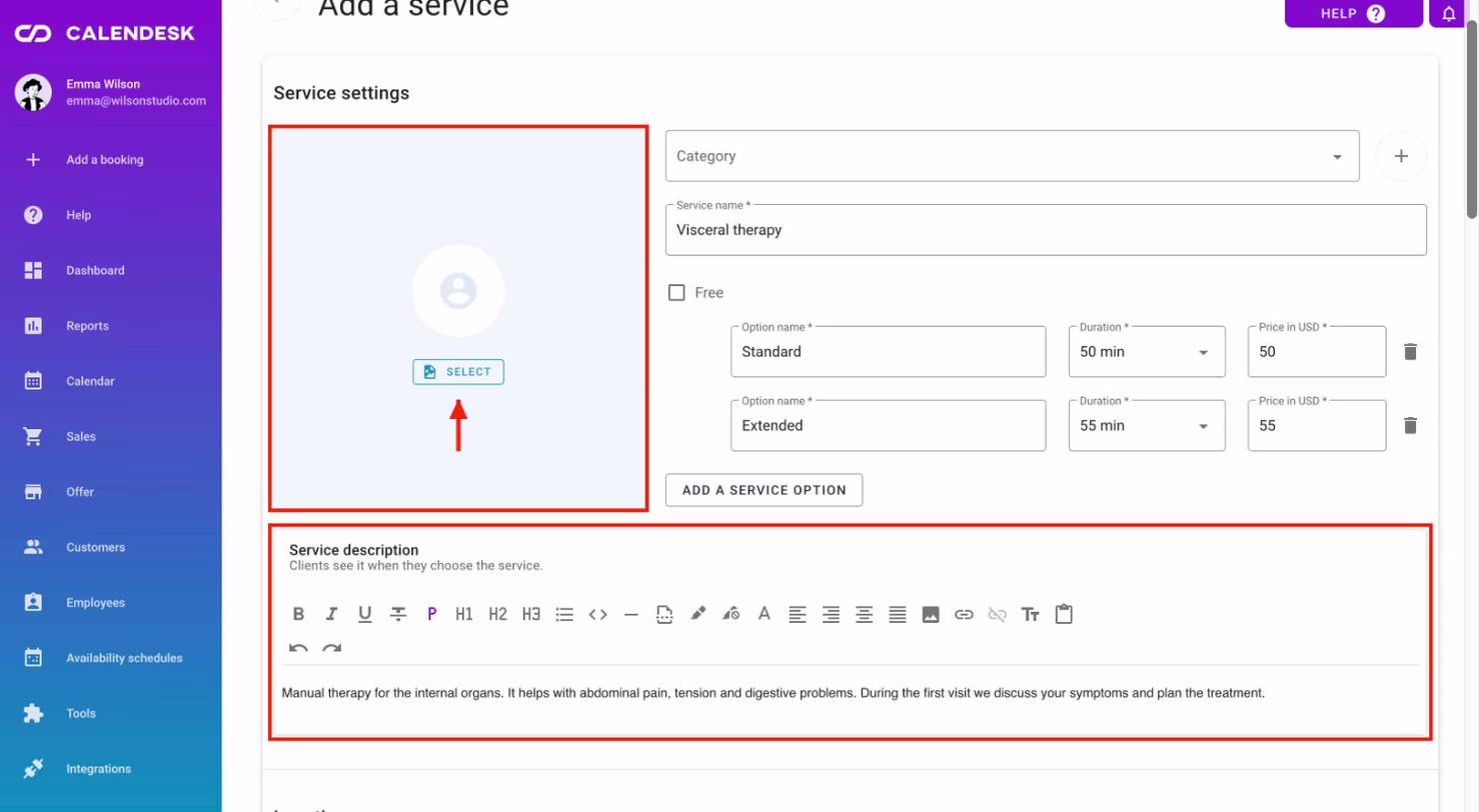 The service image with the Select button and the Service description field.