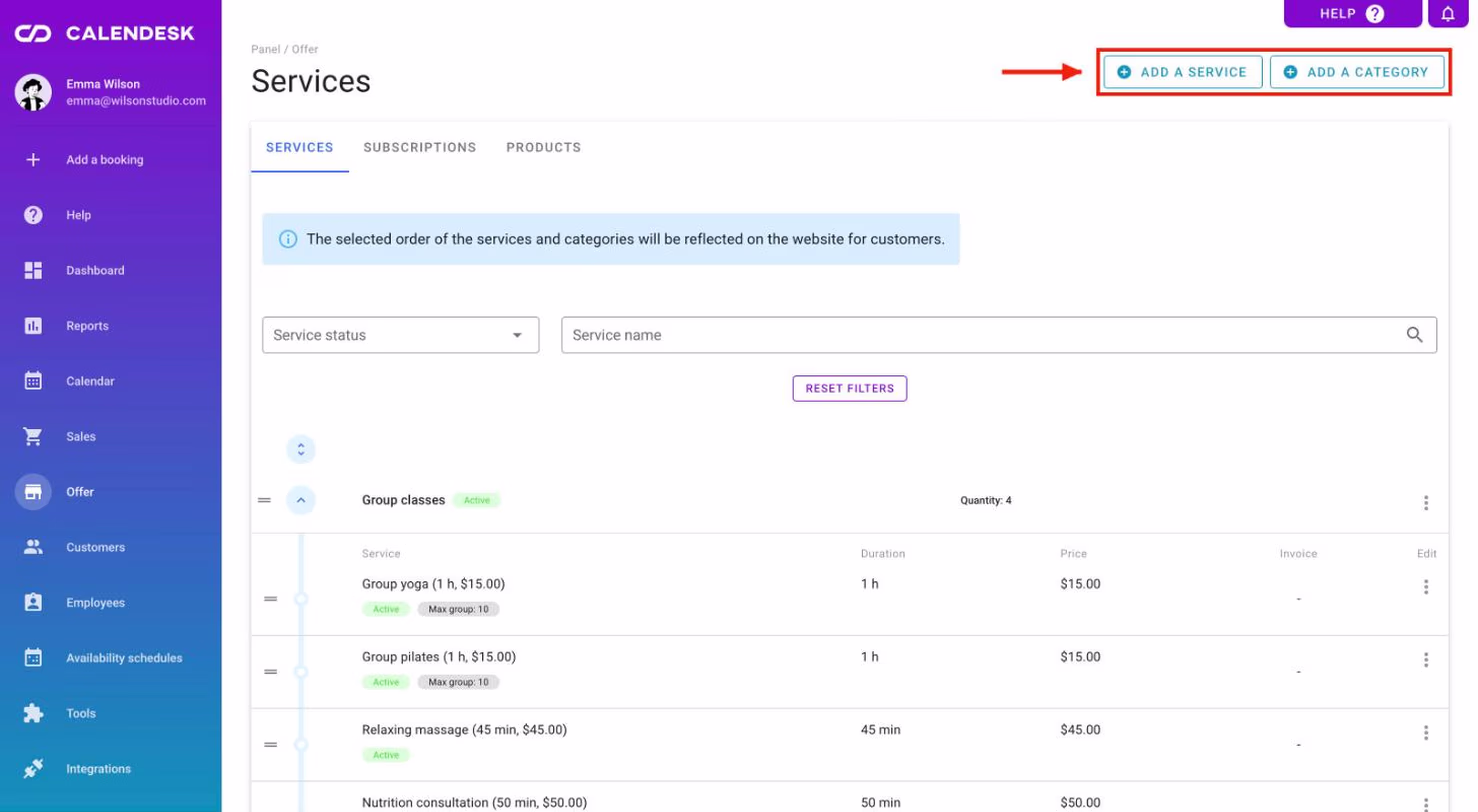The service list in Offer - Services with the Add a service button.
