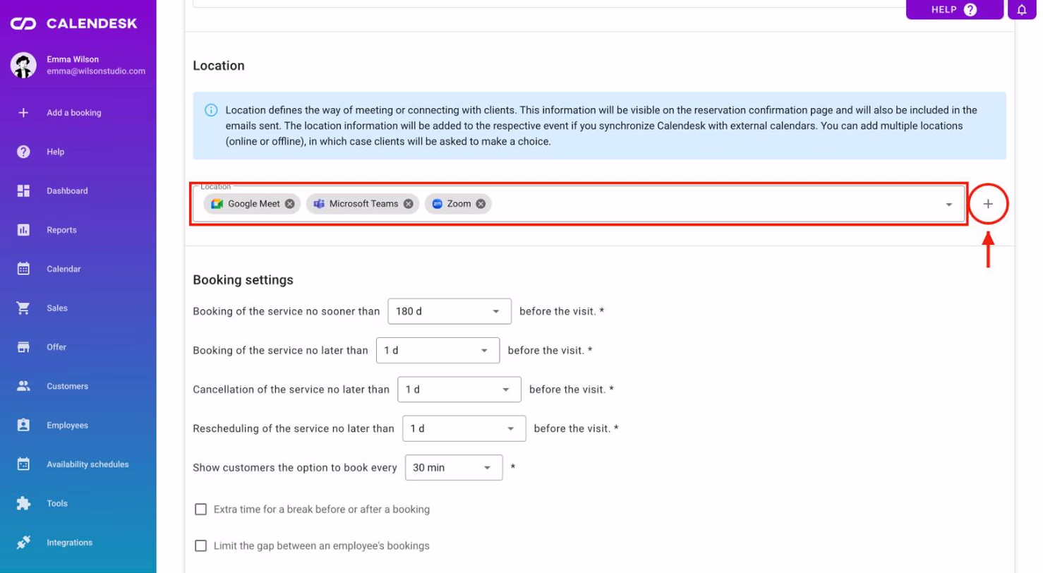 The Location field with selected locations and the + button.