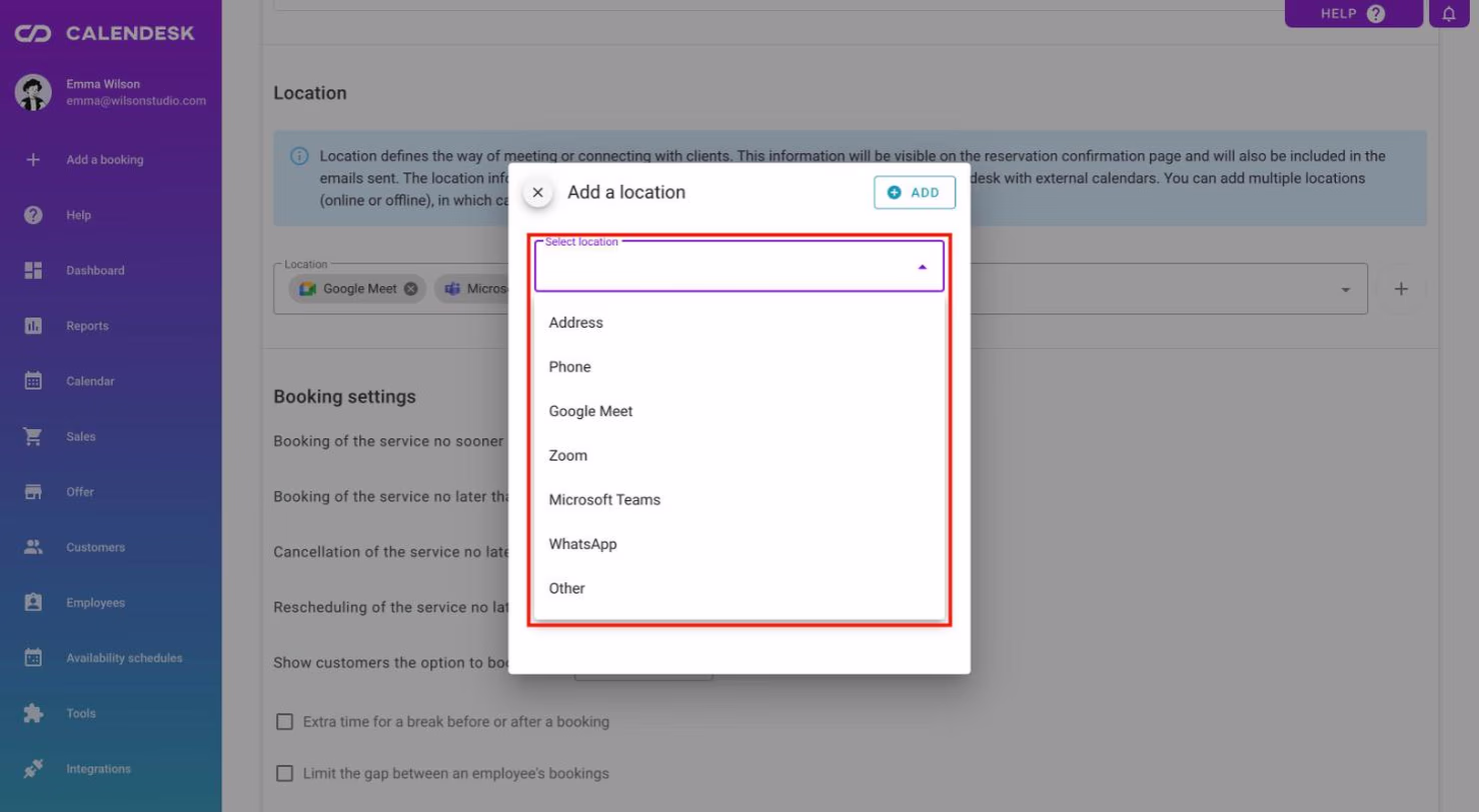 The Add a location window with the location types: Address, Phone, Google Meet, Zoom, Microsoft Teams, WhatsApp, Other.